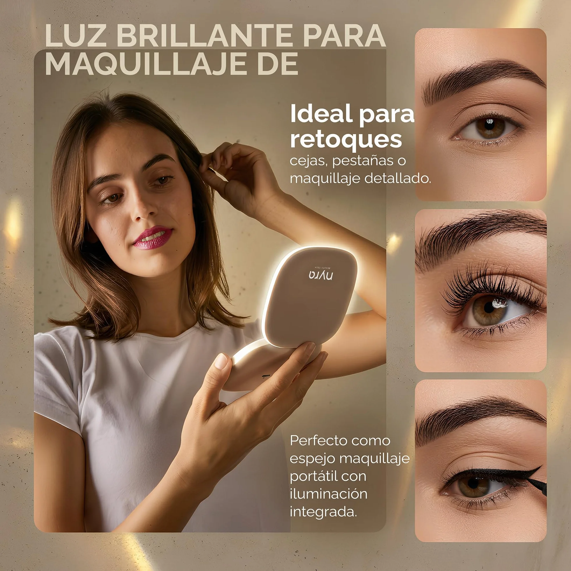 Nyra Espejo LED de Viaje Recargable 3 Modos de Luz Brillo Regulable Aumento x1 x3 Batería 400mAh Carga Tipo C