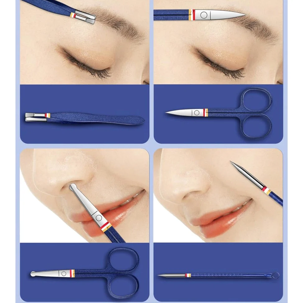 Juego de cortaúñas con Bolsa Plegable, Kit de manicura, Juego de Tijeras, Juego de cortaúñas, Herramienta de Belleza y Maquillaje de Acero Inoxidable, Azul, 13 Piezas