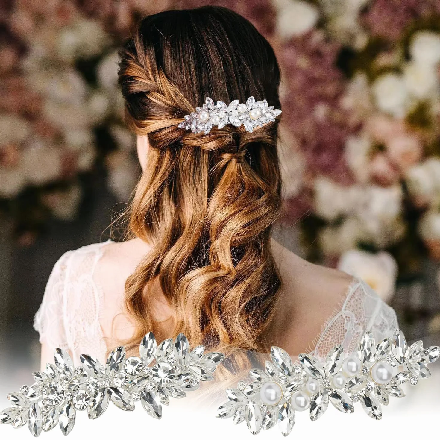 Clips de Pelo de Perlas de Pedrería Horquilla de Boda Pinzas para el Cabello Barrette de Pelo de Cristal Brillante para Mujeres