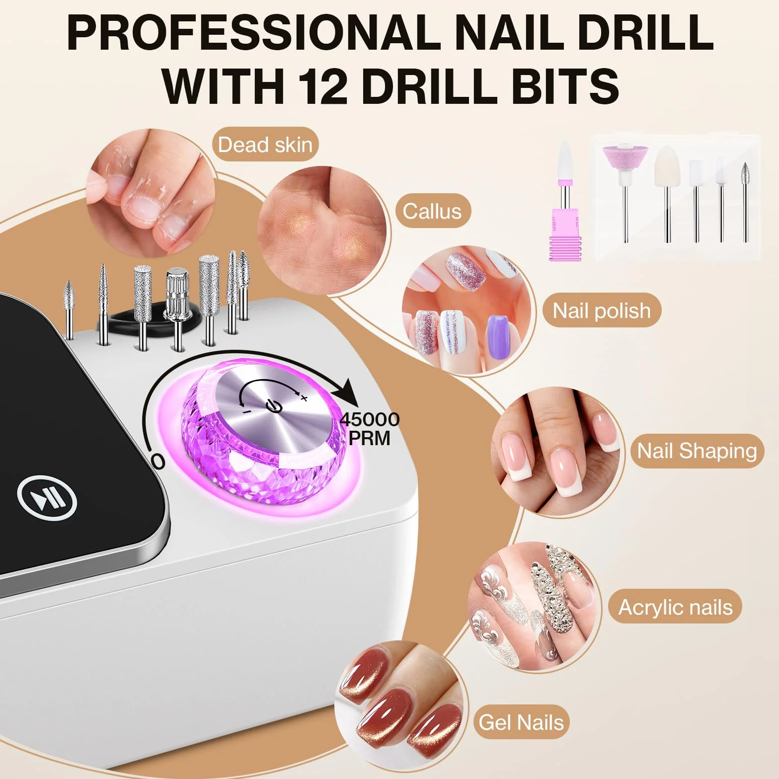 Torno para Uñas,Torno para Uñas Profesional 45000 RPM,con 12 Cabezales de Pulido, Pantalla táctil LCD,Perilla de cristal,Lima portátil para uñas acrílicas y de gel (Blanco)