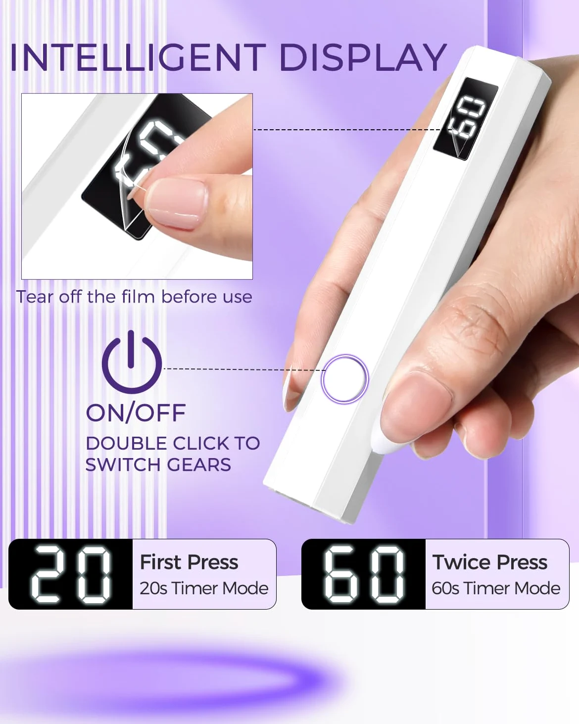 mlogiroa Mini luz UV para uñas, luz de curado de mano, lámpara LED portátil de 3 W con 2 ajustes de temporizador, 20/60 segundos, para el hogar, salón de belleza, esmalte de gel para mujeres (blanco)