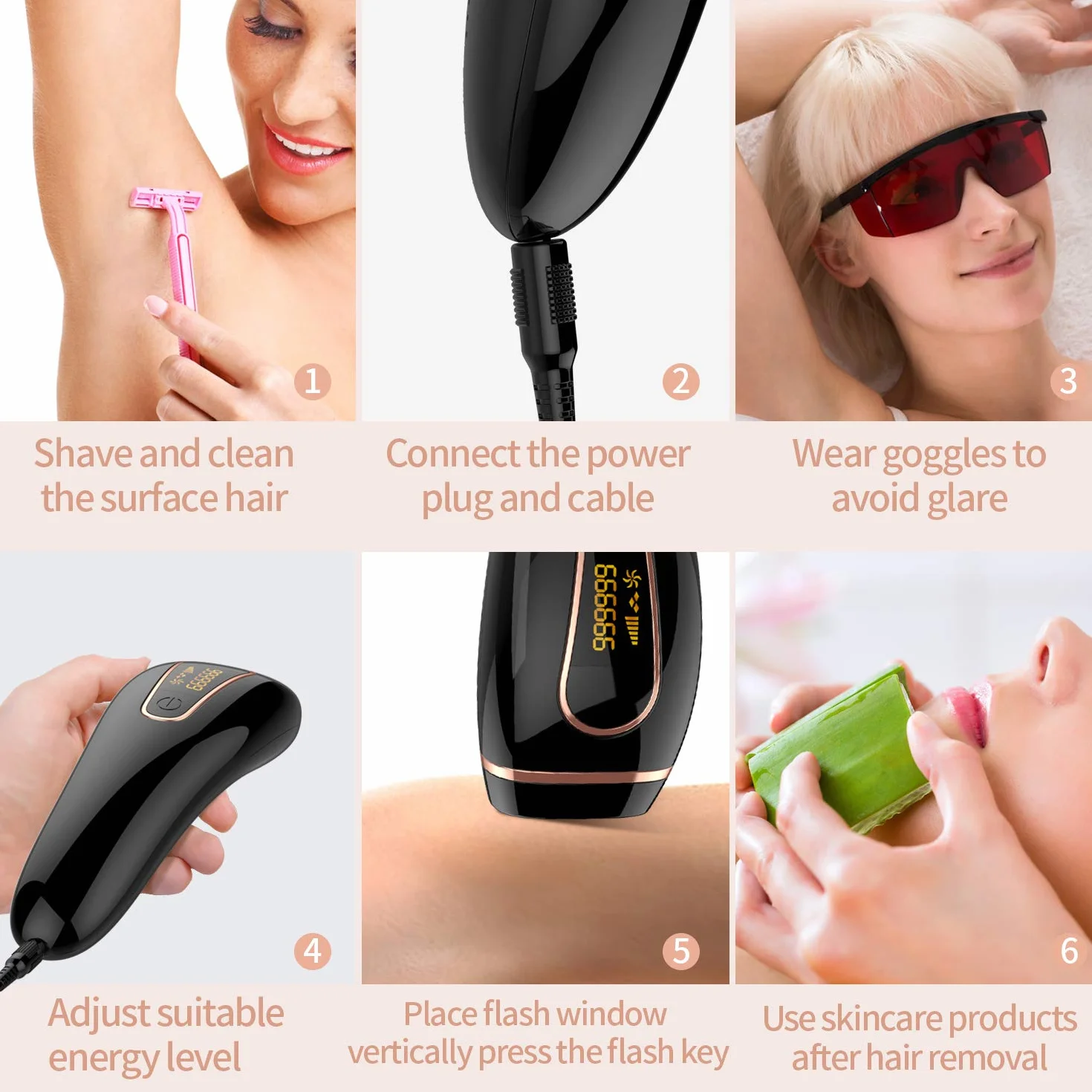 Depiladora Luz pulsada IPL, Dispositivo de depilación permanente sin dolor 999,999 flashes faciales de cuerpo entero en el hogar para mujeres hombres