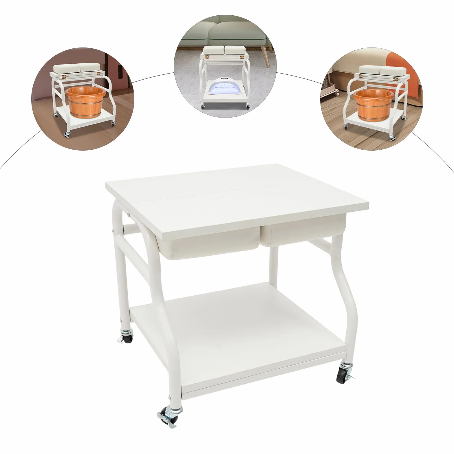 Carrito de spa y pedicura con ruedas y freno, baño de pies plegable, color blanco