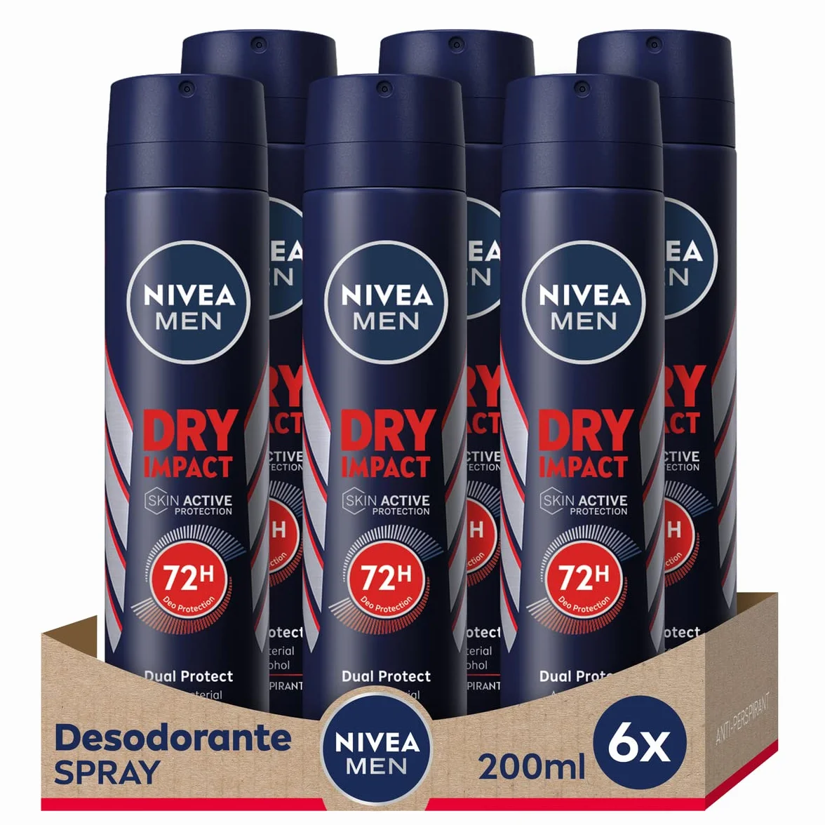 NIVEA MEN Dry Impact Desodorante Antitranspirante Spray 72h Protección Anti Sudor Sin Alcohol Pack 6 x 200 ml