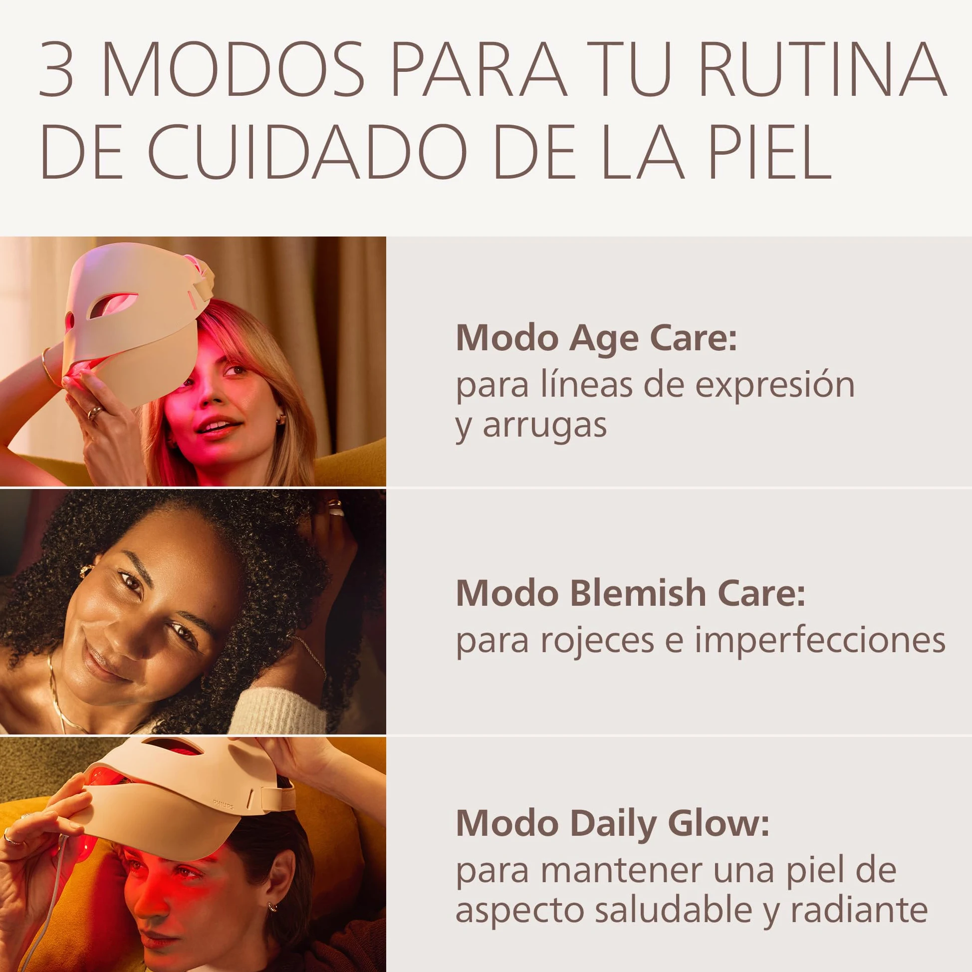 Philips LED ReAura Máscara facial – rostro, contorno de ojos y cuello, 3 modos, luz roja, azul e infrarroja cercana, eficacia clínicamente demostrada¹, ajuste flexible, rutina de 10 min, LTM7100/00