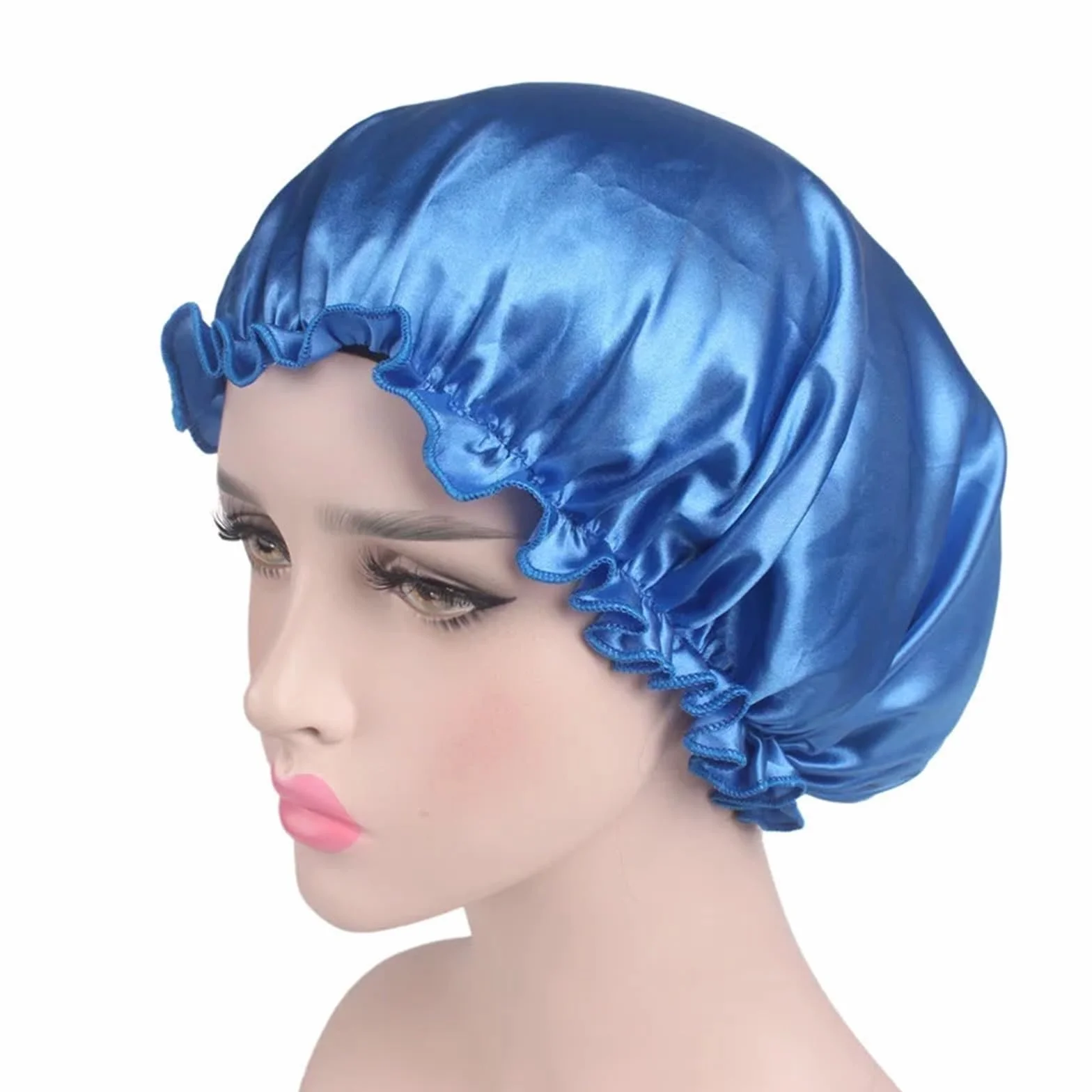 Gorro de Dormir de satén de Seda for Mujer, Gorros de Ducha for el Cuidado del Cabello, Gorro de Belleza, Cubierta for la Cabeza, Banda elástica, Gorros de Ducha for baño(Blue)
