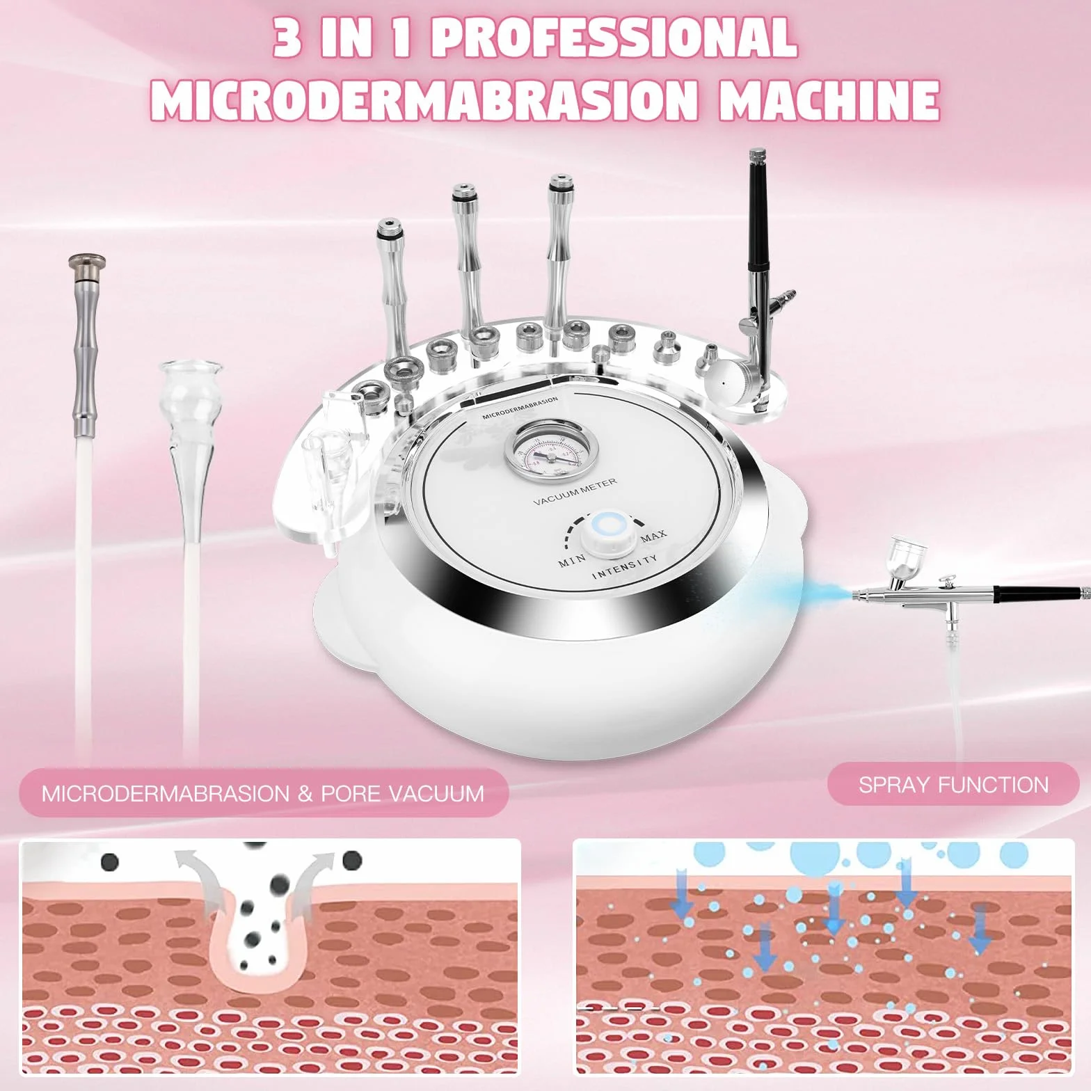 Beauty Star - Máquina de microdermoabrasión, profesional de 65 a 68 cmhg, potencia de succión al vacío, máquina de limpieza facial, equipo de belleza para el cuidado de la piel con aspiradora y spray