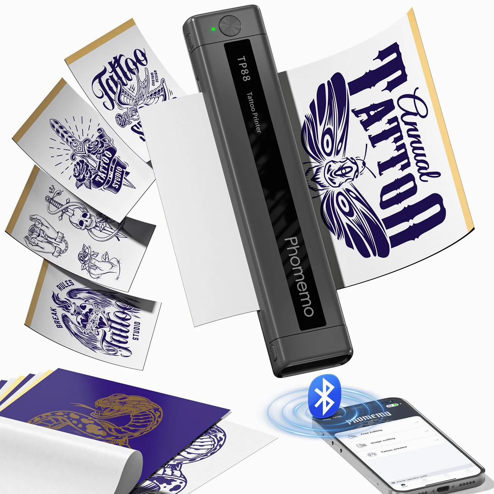Phomemo TP88 - Impresora de plantillas de transferencia de tatuajes, impresora térmica de tatuajes con 10 piezas de papel de transferencia, máquina de tatuaje Bluetooth para artistas del tatuaje,