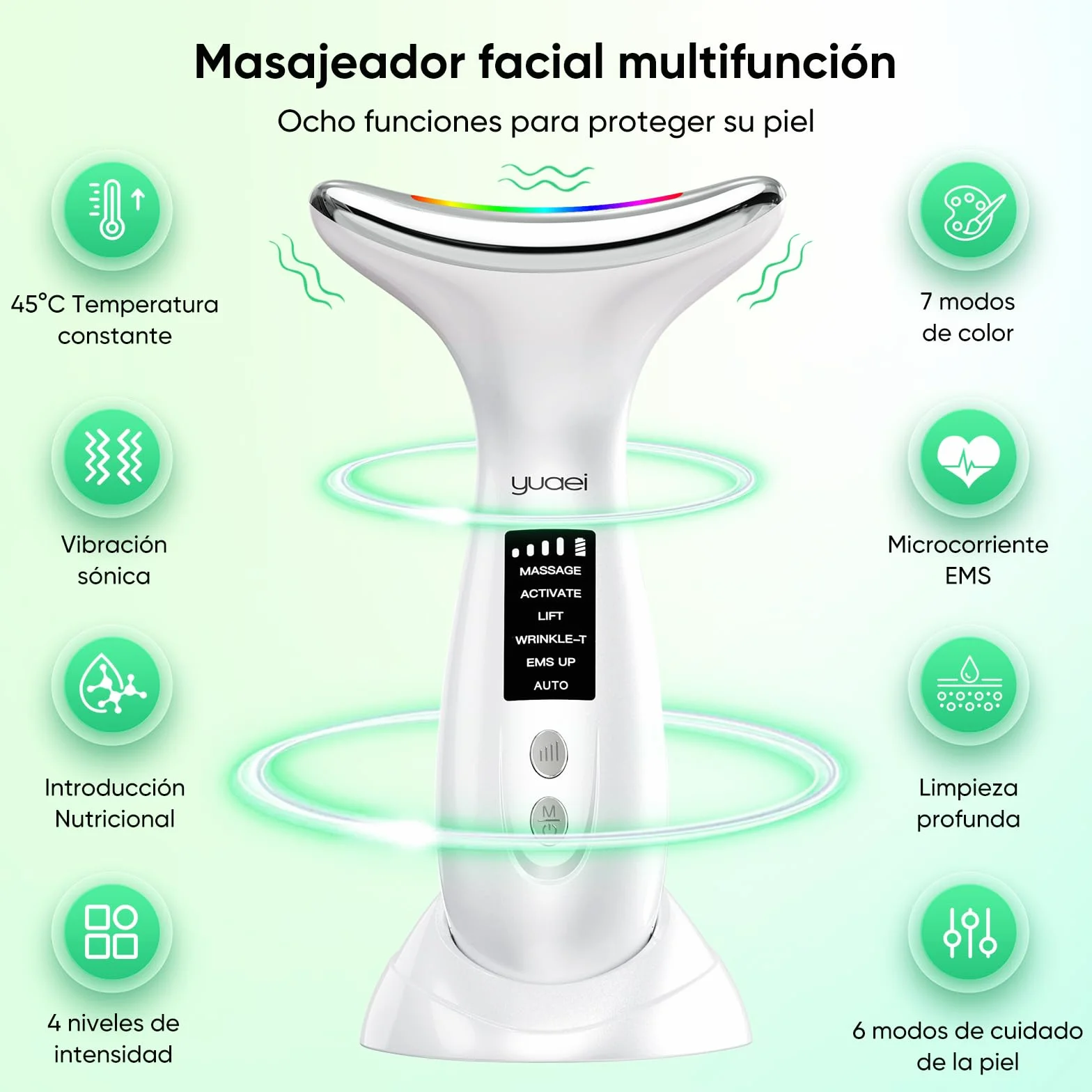 Masajeador Facial Electrico 6 Modos 7 Colores Led 45℃ EMS Antiarrugas Reafirmante Lifting