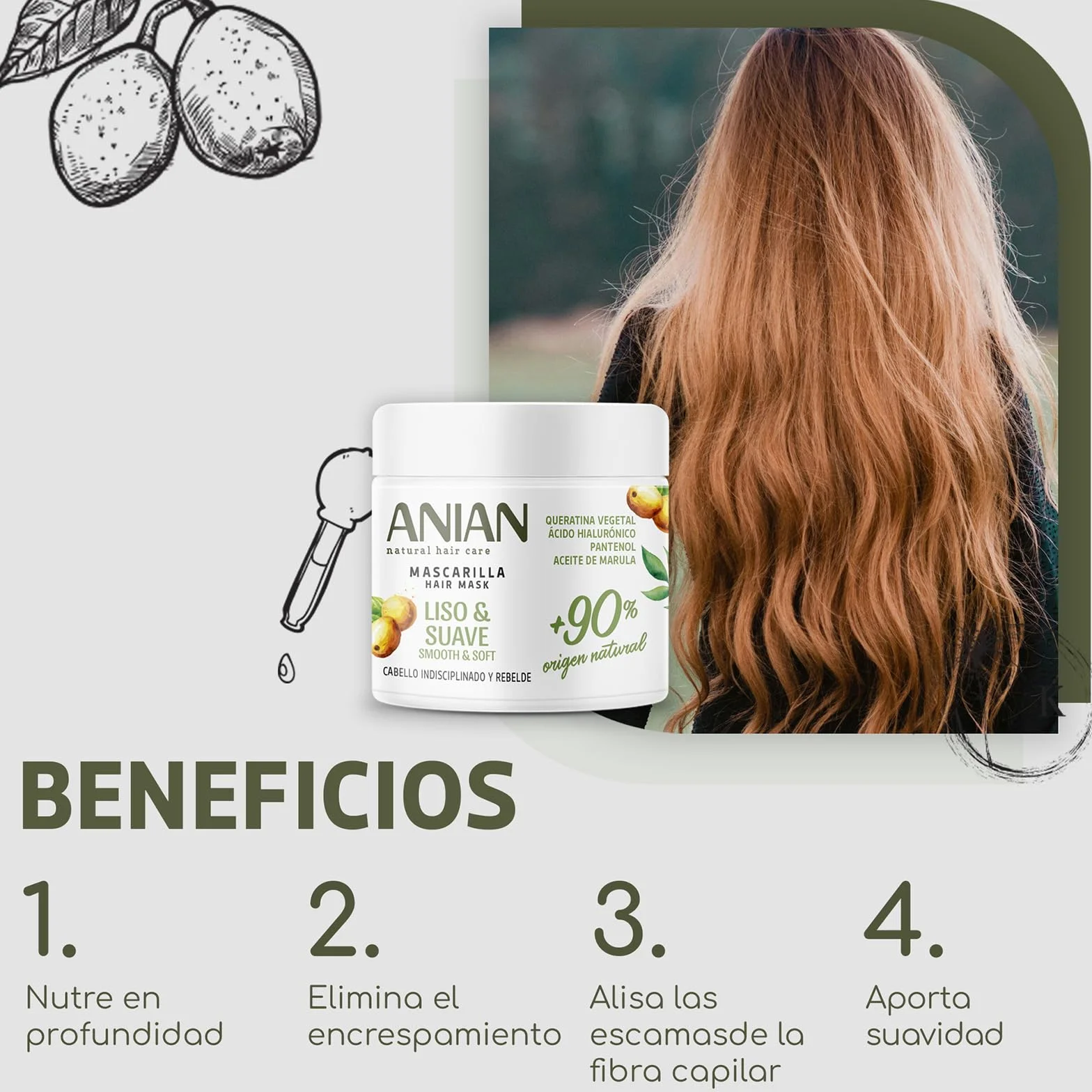 ANIAN Mascarilla Liso y Suave 350 ml para Cabello Indisciplinado con Aceite de Marula Queratina Vegetal