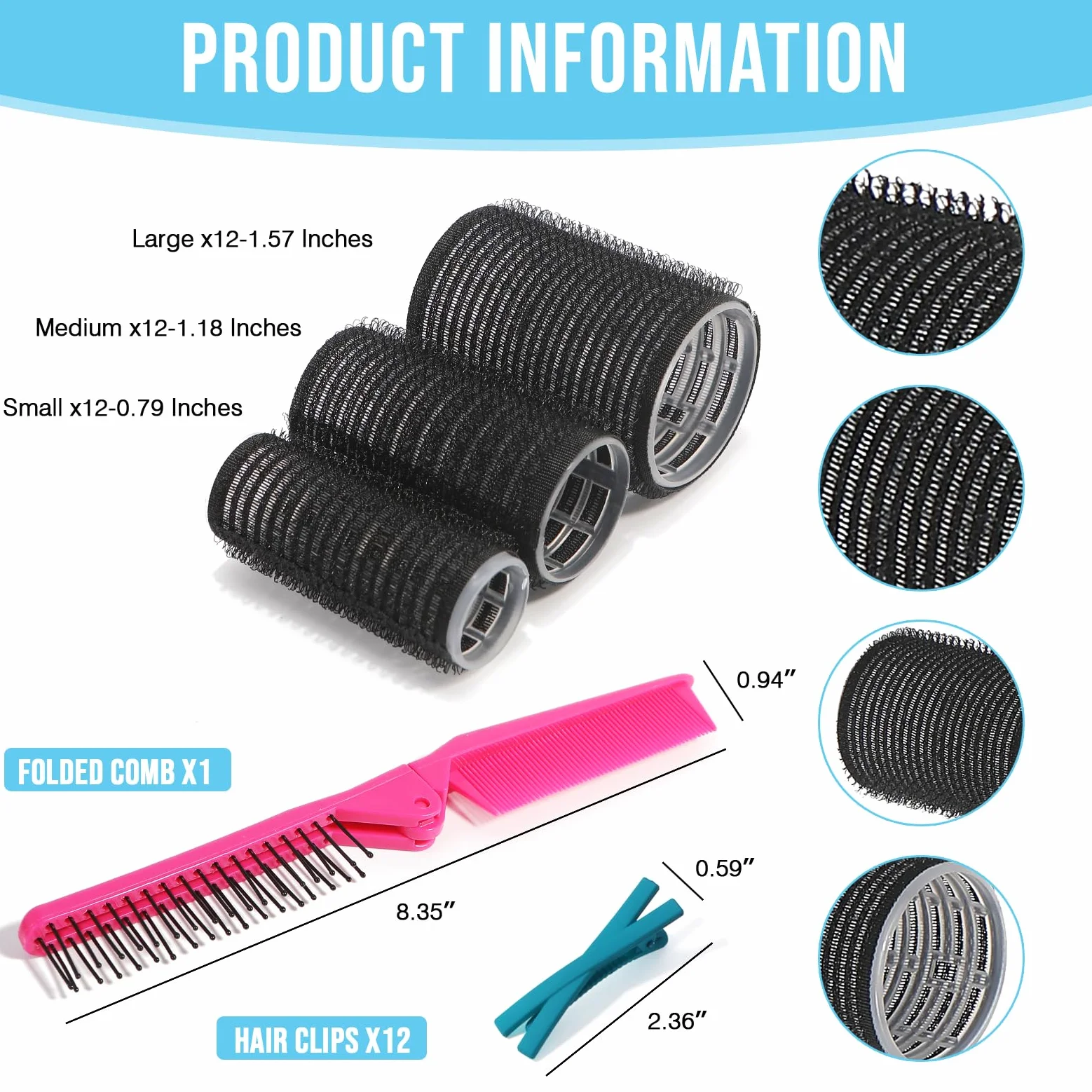 Kit de rodillos de pelo sin calor, 3 tamaños (0.8 pulgadas, 1.2 pulgadas, 1.57 pulgadas) para cabello corto/mediano | 36 rodillos + 12 clips + 1 peine | Rizadores sin calor para ondas nocturnas