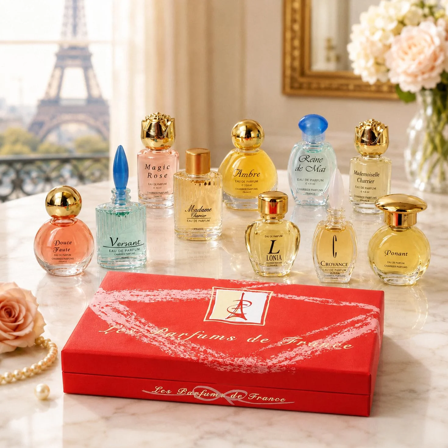 Charrier Parfums Top 10 Les Parfums de France - Caja lujosa de cartón con 10 botellas miniatura Eau De Parfum, Rojo, 52,7 ml