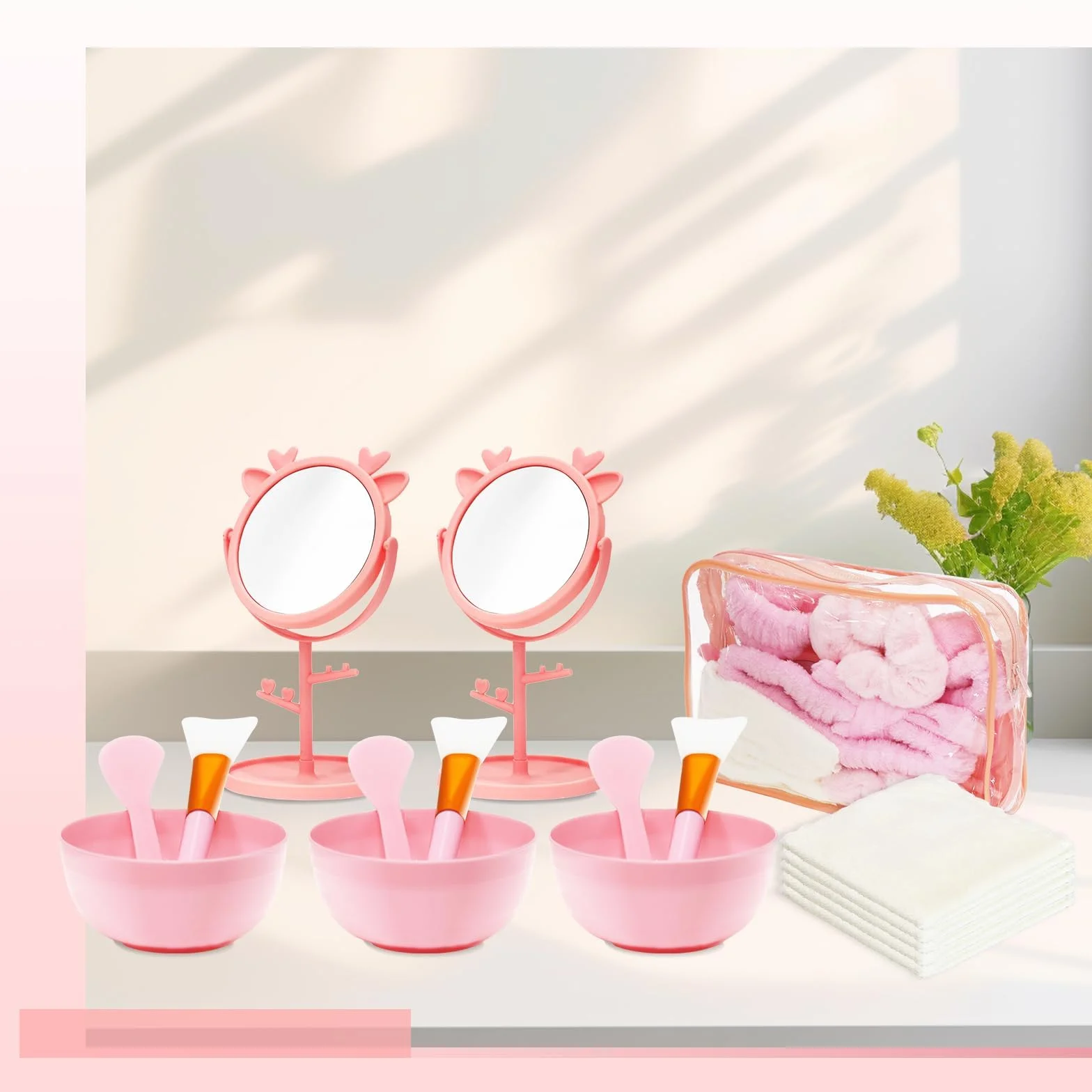 Juego de 48 piezas para fiesta de spa niñas accesorios pijamas rosa diademas espejos bolsas cosméticos