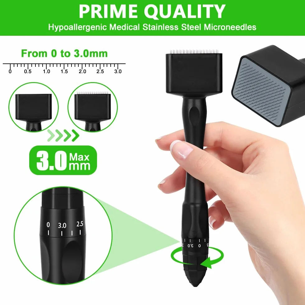 Derma Stamp Ajustable 0-3 mm Microneedling Dermapen Profesional 140 Pines Microagujas para Cabello Barba y Cuidado Facial Negro