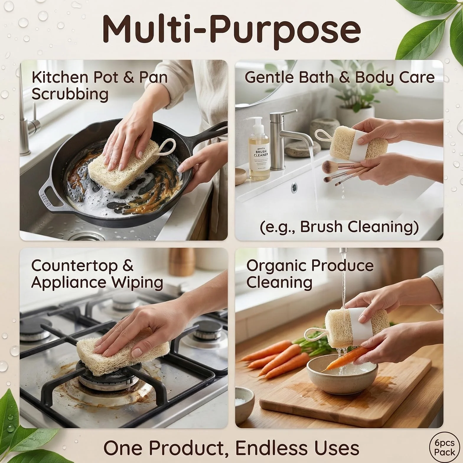 Esponjas de Luffa Orgánicas Naturales, Compostables para Cocina y Limpieza, 6 Piezas