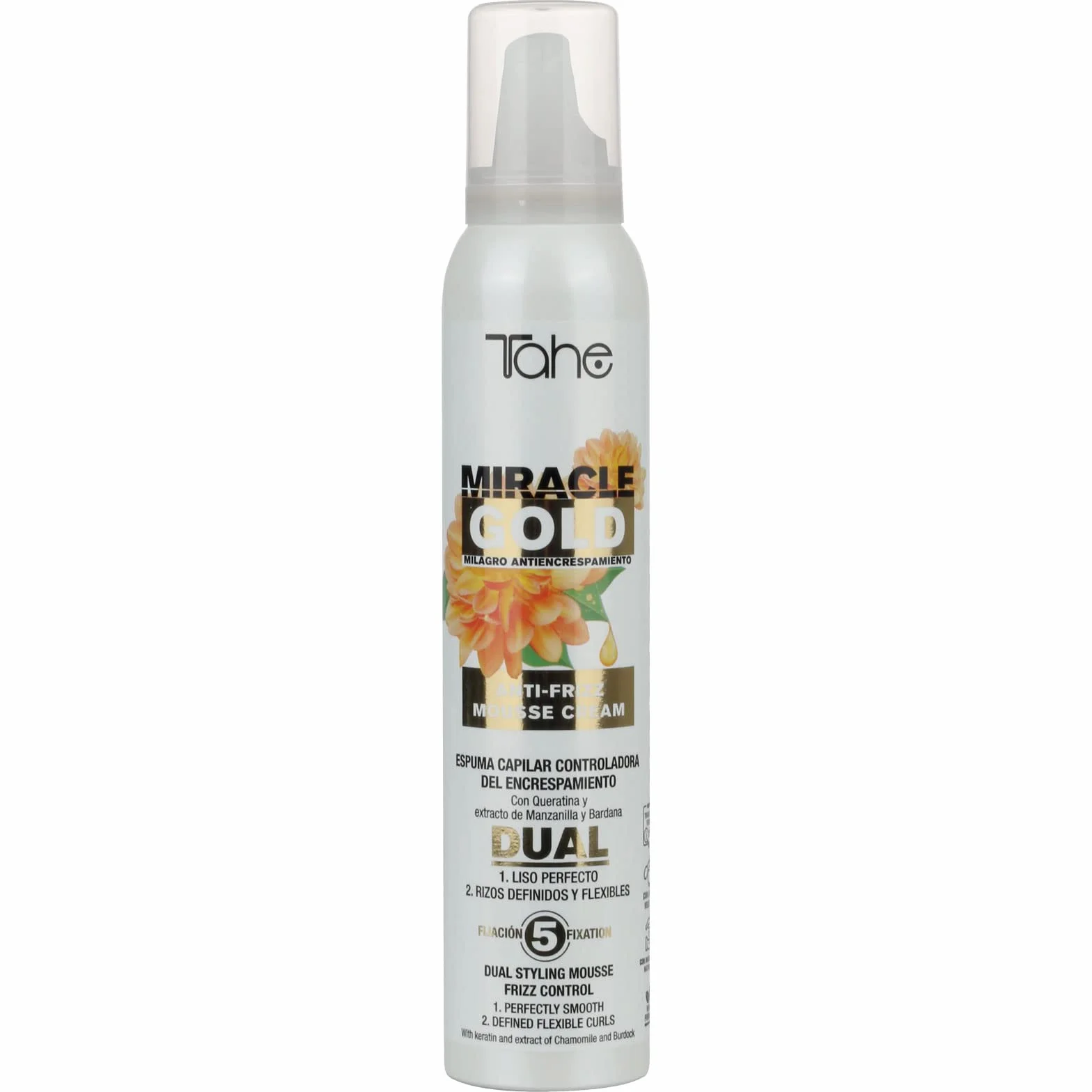 Tahe Miracle Gold Espuma Capilar Dual Controladora del Encrespamiento Anti-frizz Fijación 5, 200 ml