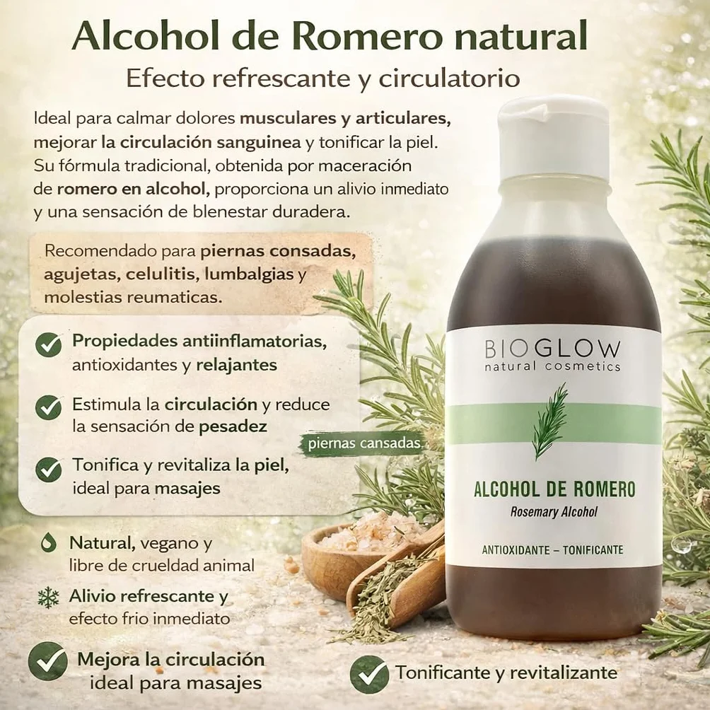 Alcohol de Romero Natural 250 ml Tónico Corporal para Masaje, Estimula la Circulación, Piernas Cansadas