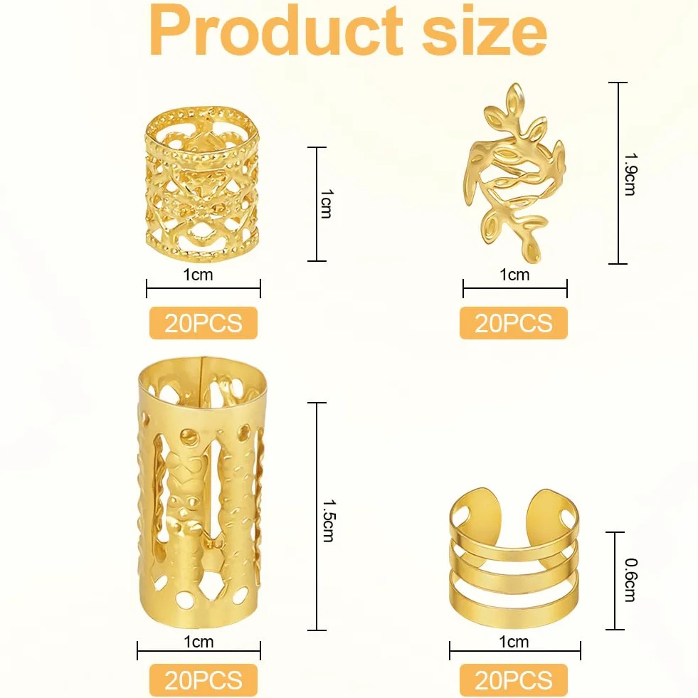Joyería del Pelo 80 Pcs Accesorios para Rastas Trenzado Peinado (Oro)
