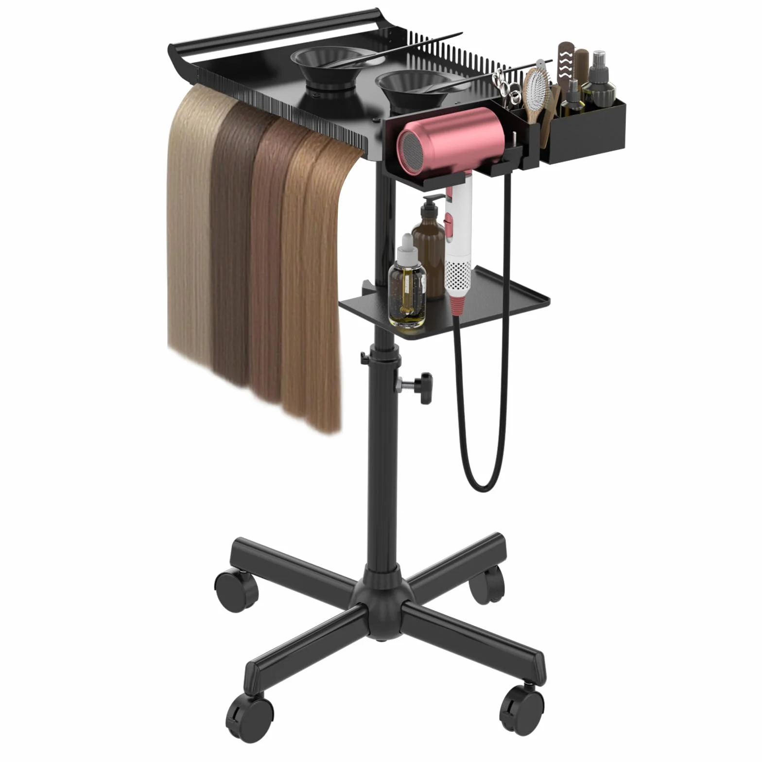 Bandeja de Peluquería con Ruedas, Bandeja de Salón Rodante con Soporte y Soporte Separador de Cabello, Carrito de Salón Bandeja Ajustable con Plataforma de Almacenamiento Cuencos de Tinte y