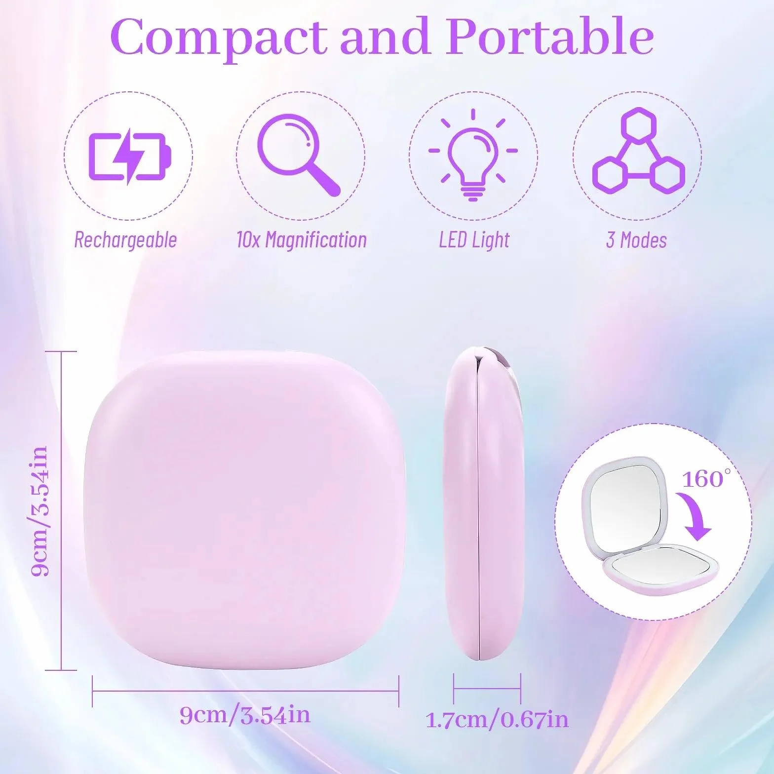 Collazoey LED Espejo de Maquillaje 1X/10X Aumentos USB Recargable 3 Luces Ajustable Plegable Portátil Viaje Morado