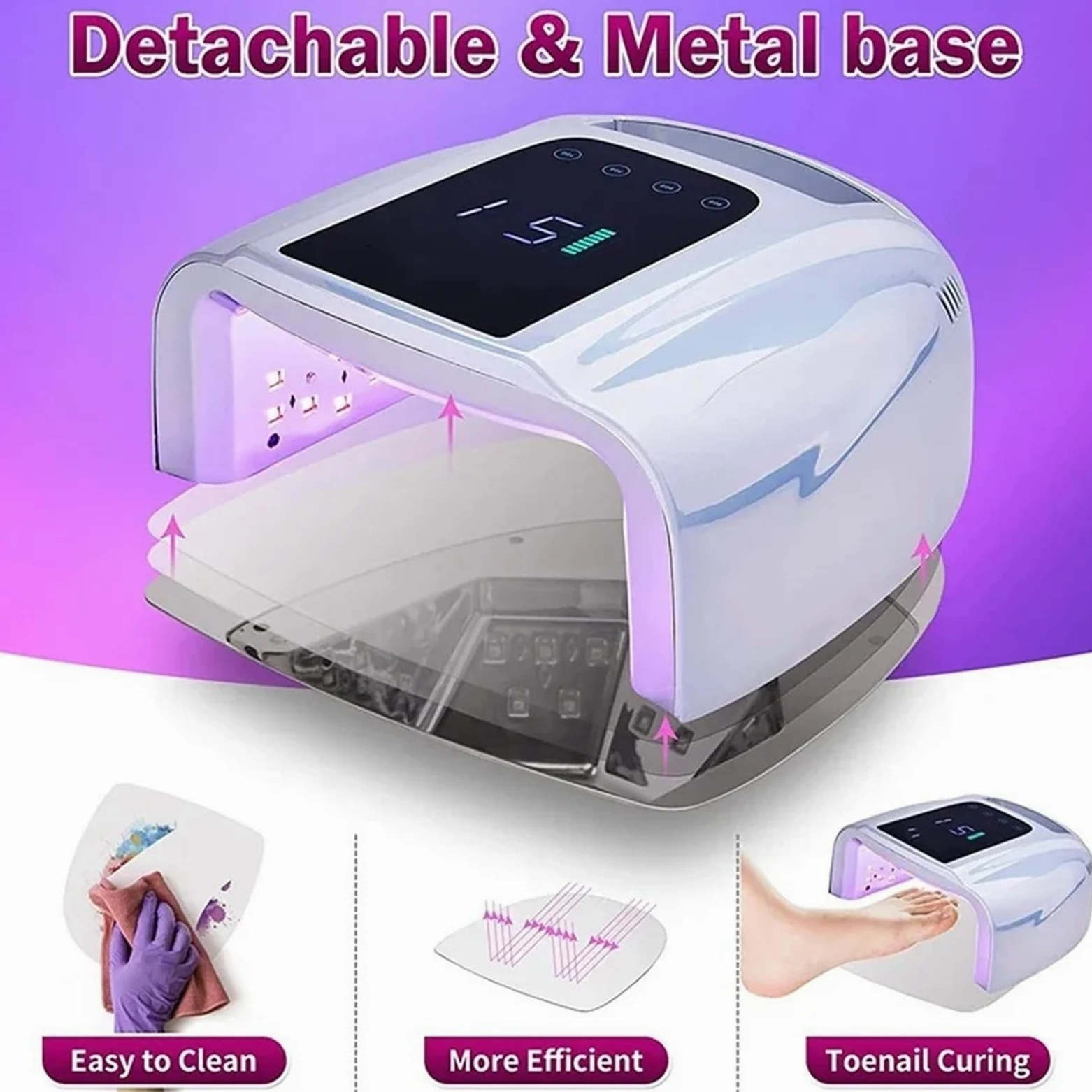 Lámpara LED para uñas, Lámpara de uñas con espejo 96 W y almohadilla metálica, secador manicura inalámbrico, luz UV for, lámpara LED recargable(Purple)