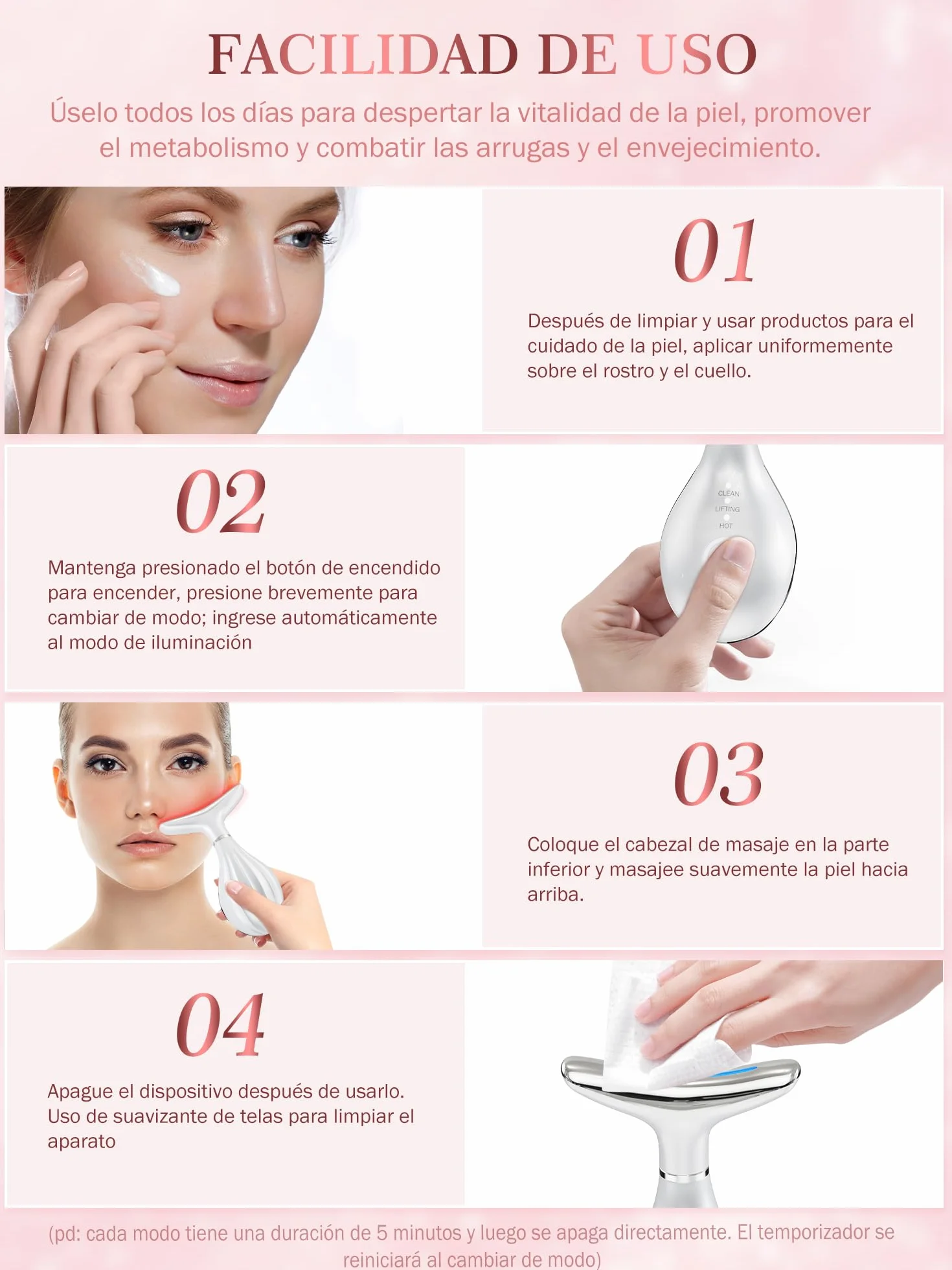 Masajeador Facial Antiarrugas Eléctrico con Calor 42°C Luz LED EMS para Cara y Cuello