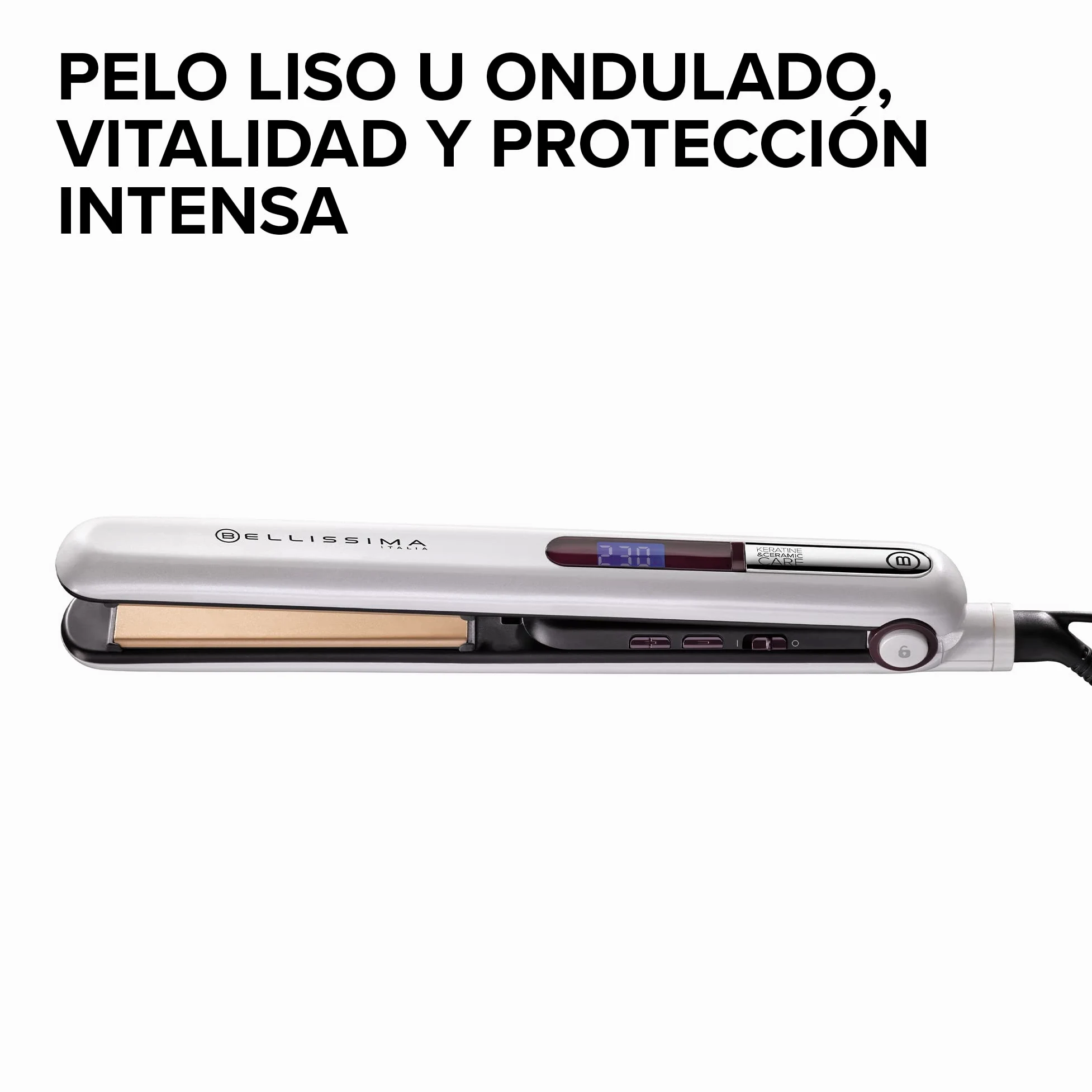 Bellissima Imetec B9 400, Plancha de pelo para peinado liso u ondulado, revestimiento de cerámica y queratina, placas redondeadas, digital, visor LCD | Estilo liso o ondulado | Revestimiento de cerámica y queratina | Placas redondeadas
