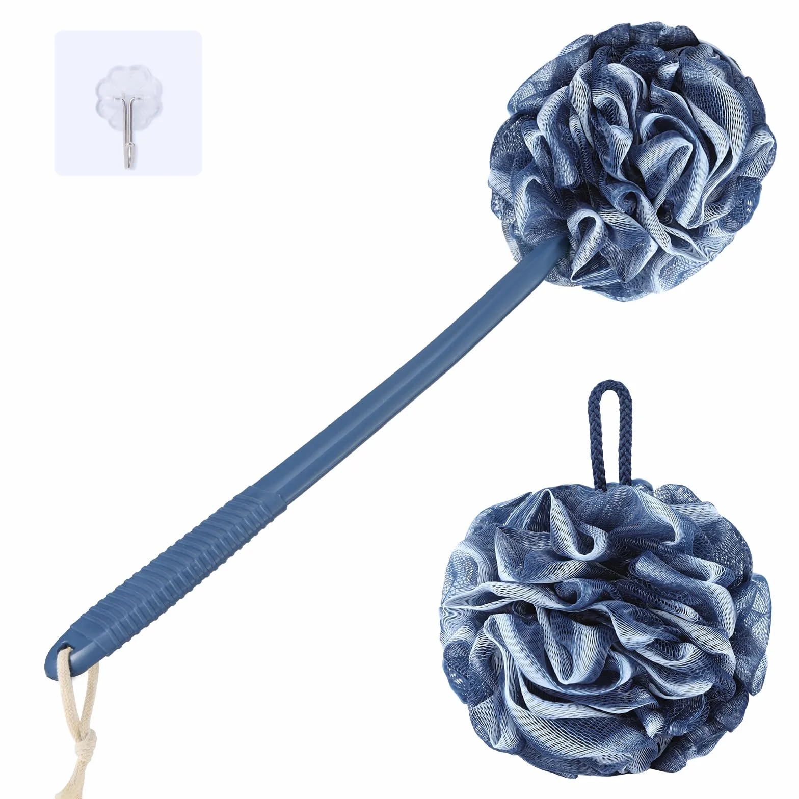 VANZAVANZU Juego de Esponjas de Lufa Exfoliante 43 cm Mango Antideslizante de Plástico Esponja Esponjosa de Malla Suave PE para Ducha Azul oscuro