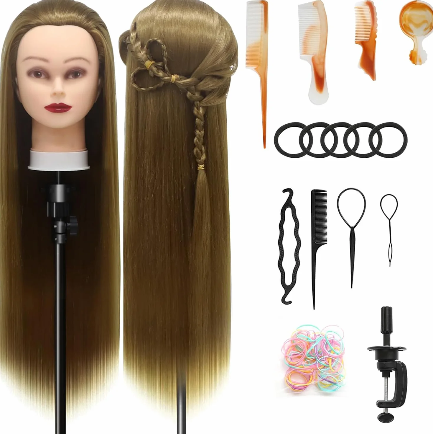 Cabeza Maniquí 28inch Fibra Sintética con Soporte Accesorios Peinado DIY