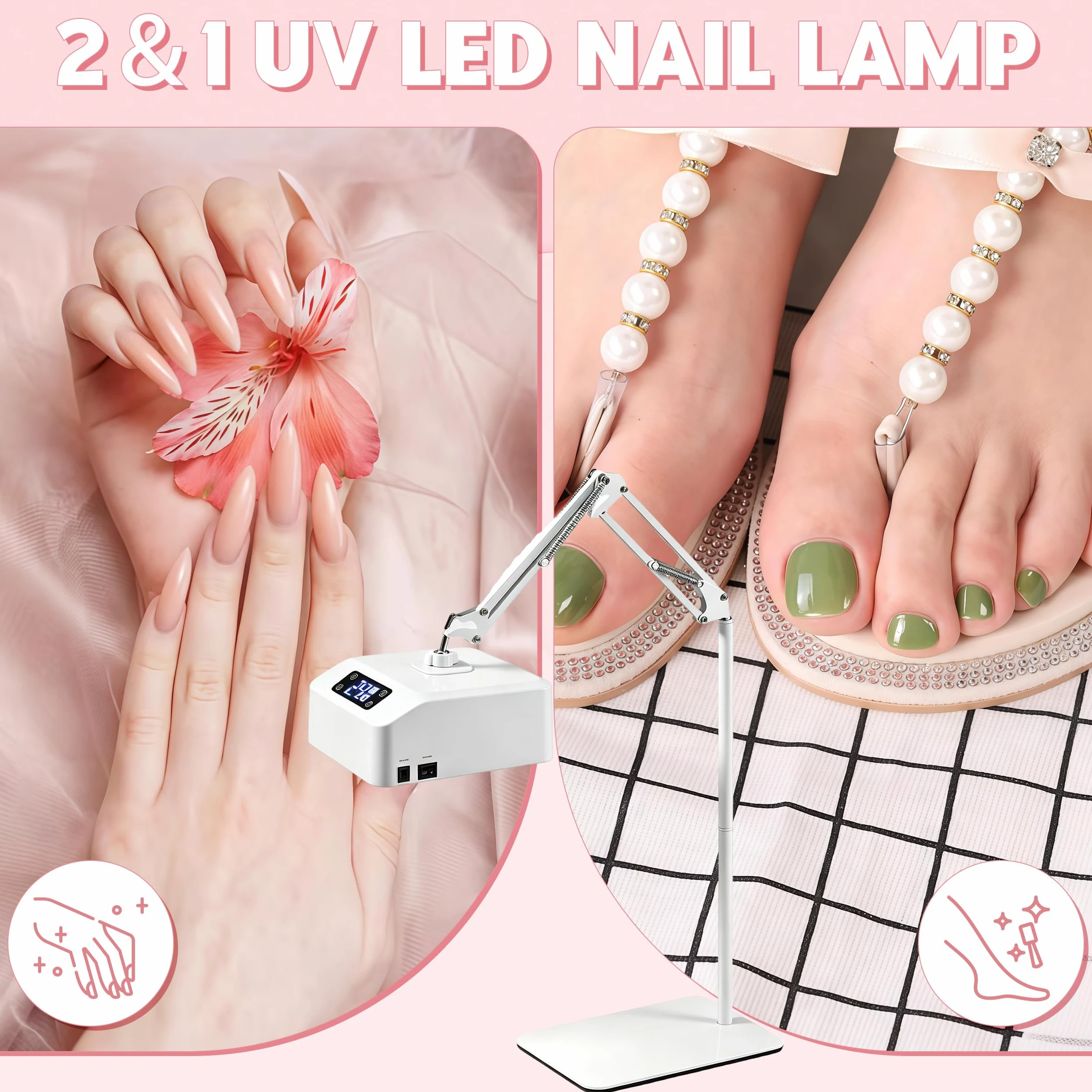 Lámpara de uñas UV, lámpara LED de uñas con temporizador 15/30/60/90s, lámpara colgante de pedicura con soporte y base, lámpara UV recargable para uñas de gel, dedos y pies