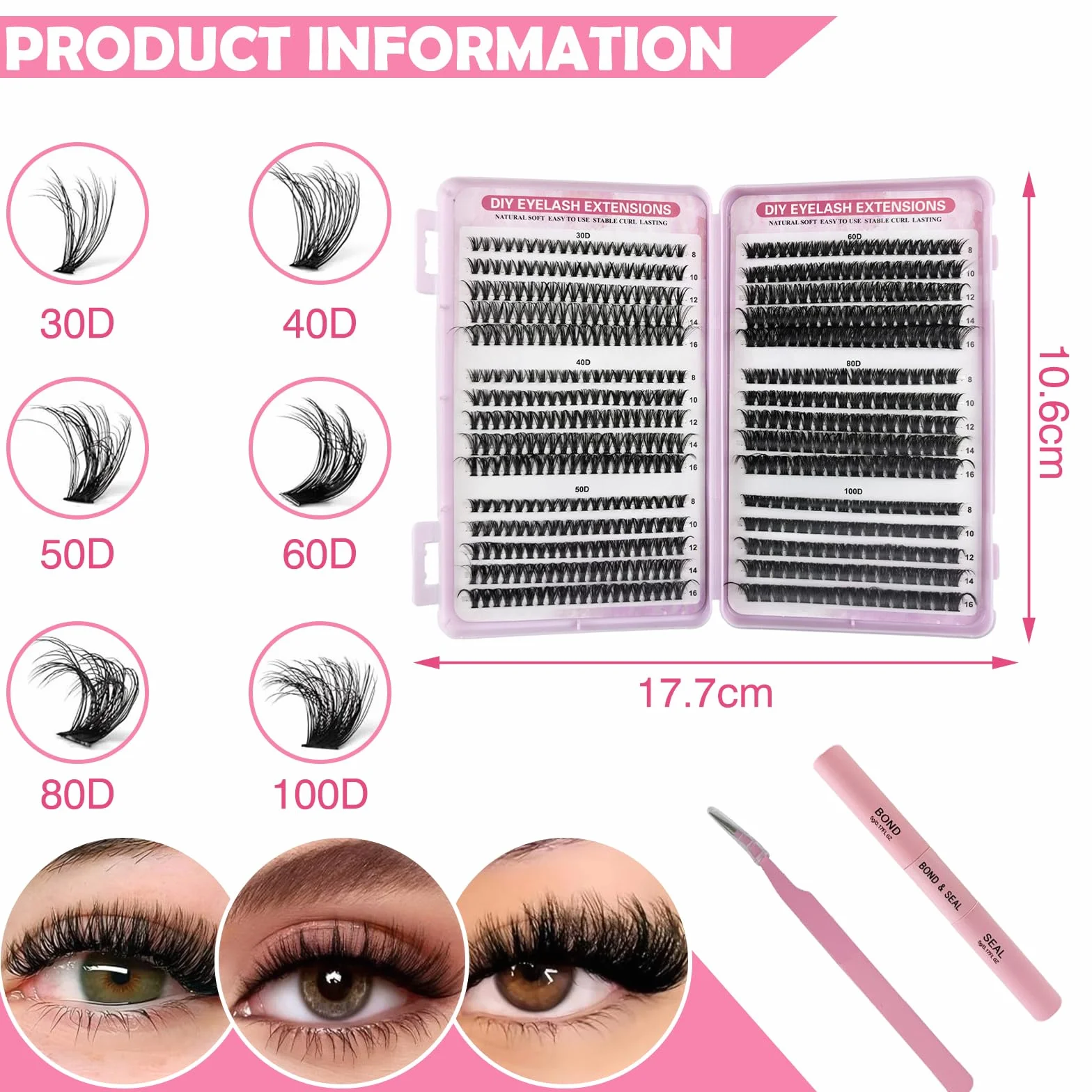 VEGCOO Pestañas Postizas Cluster Lashes 570 Unds 30-100D 8-16 mm Extensiones de Pestañas Individuales Tipo Racimo Ruso
