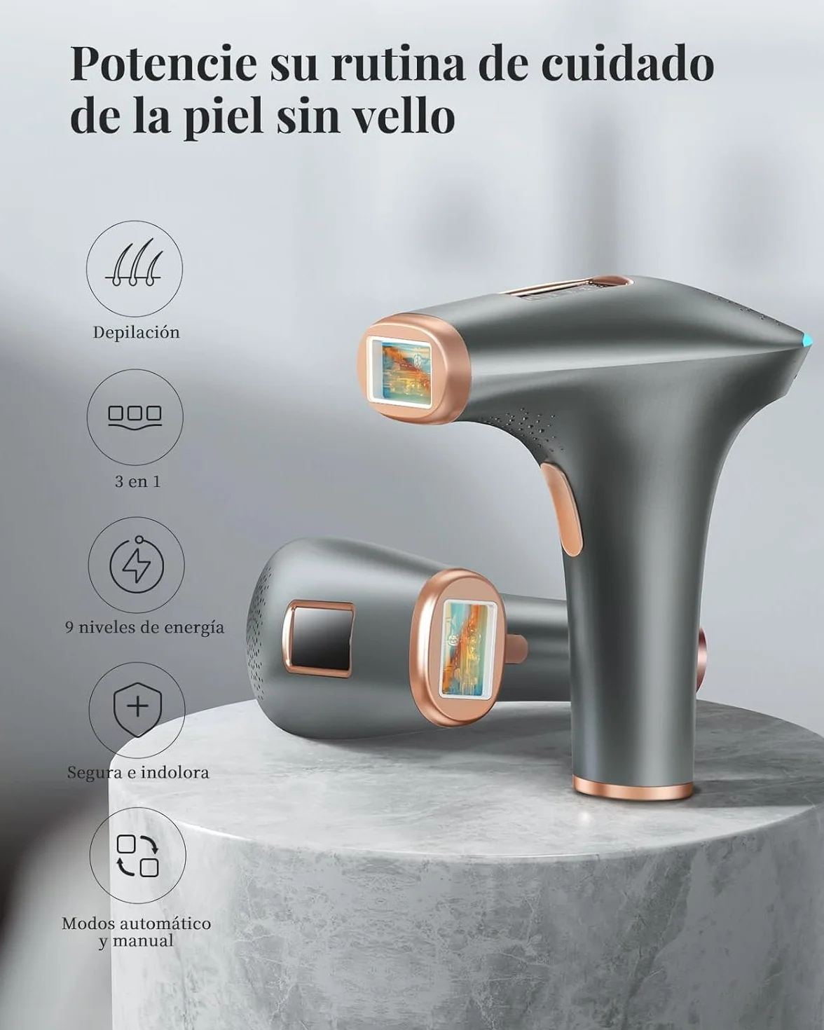 Depiladora Láser IPL Sin Dolor, Luz Pulsada 3 Funciones, 9 Niveles de Energía para Mujeres y Hombres
