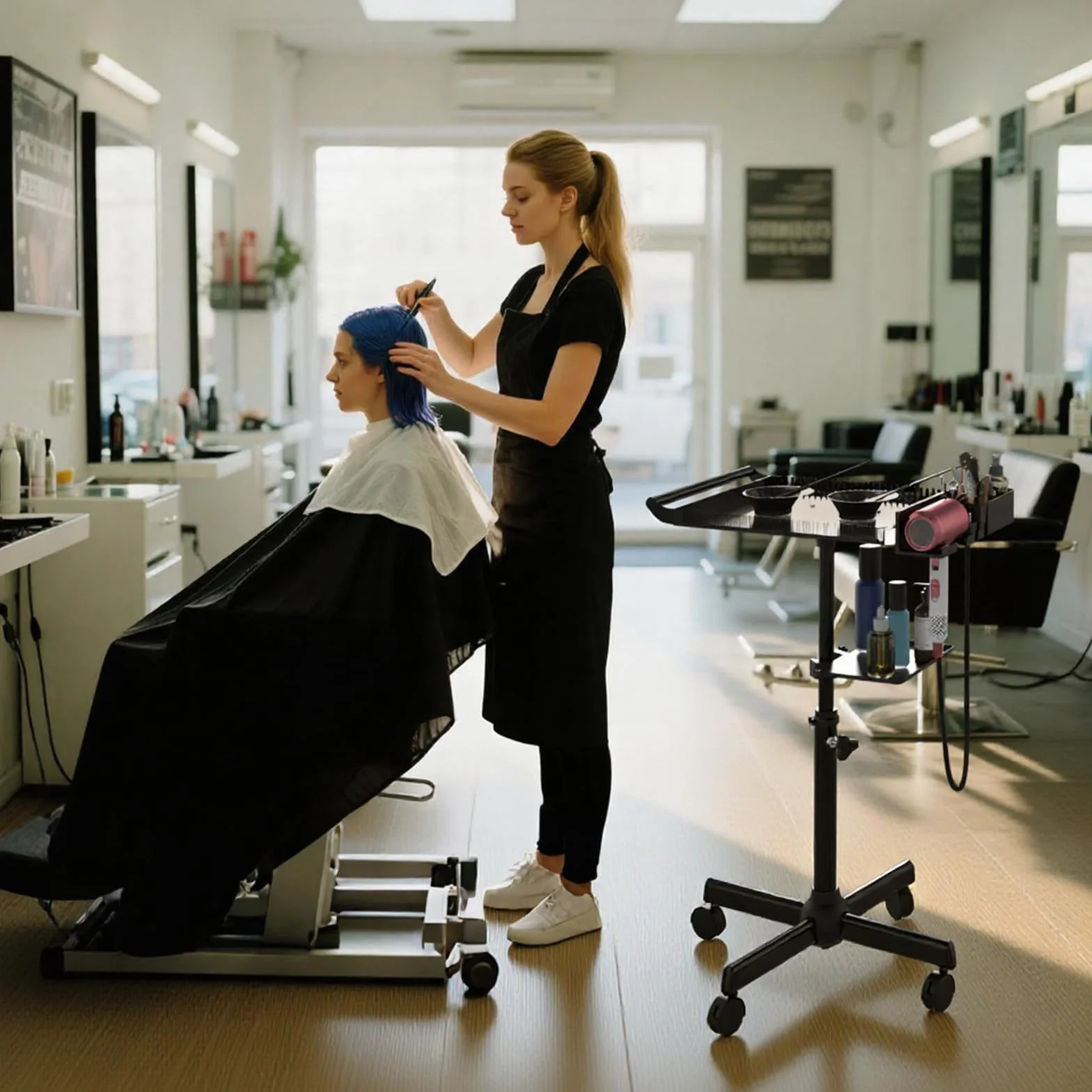 Bandeja de Peluquería con Ruedas, Bandeja de Salón Rodante con Soporte y Soporte Separador de Cabello, Carrito de Salón Bandeja Ajustable con Plataforma de Almacenamiento Cuencos de Tinte y