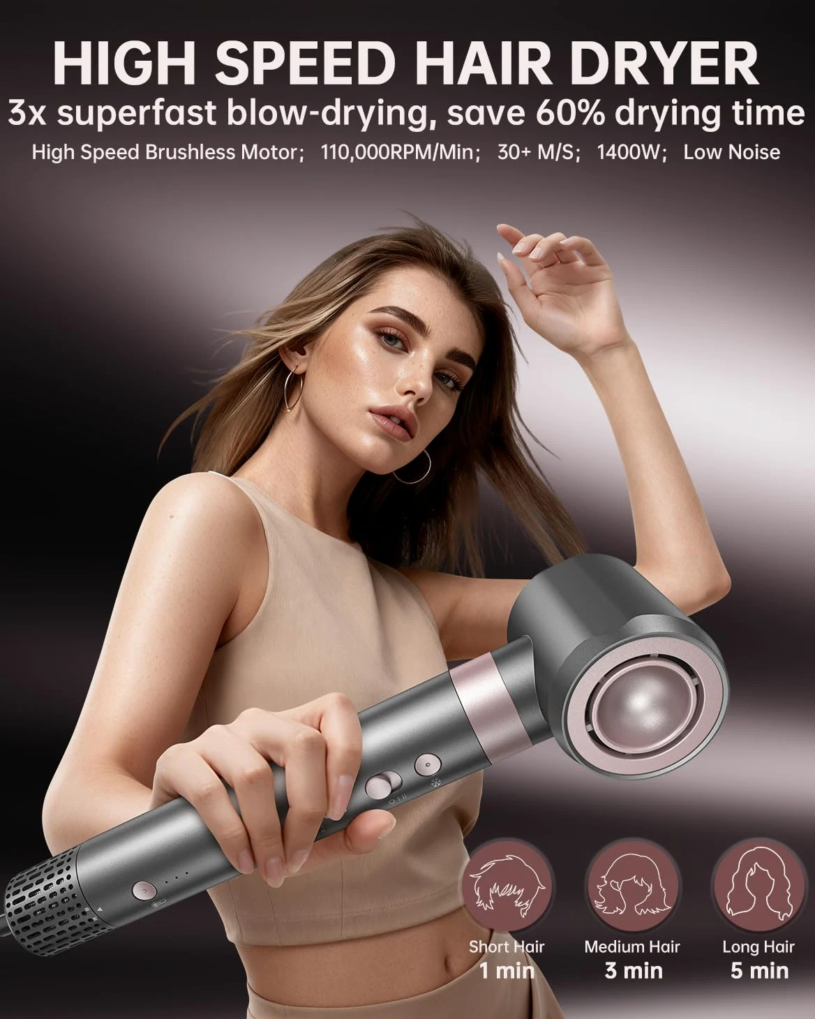 webeauty 4 en 1 Moldeador Pelo Aire, Cepillo Secador de Pelo Multifunción | 110,000 RPM/Min,30M/S,1400W Secador de Pelo Profesional con Rizador de Pelo Automatico,Difusor,500 Millones de Iones Negativo