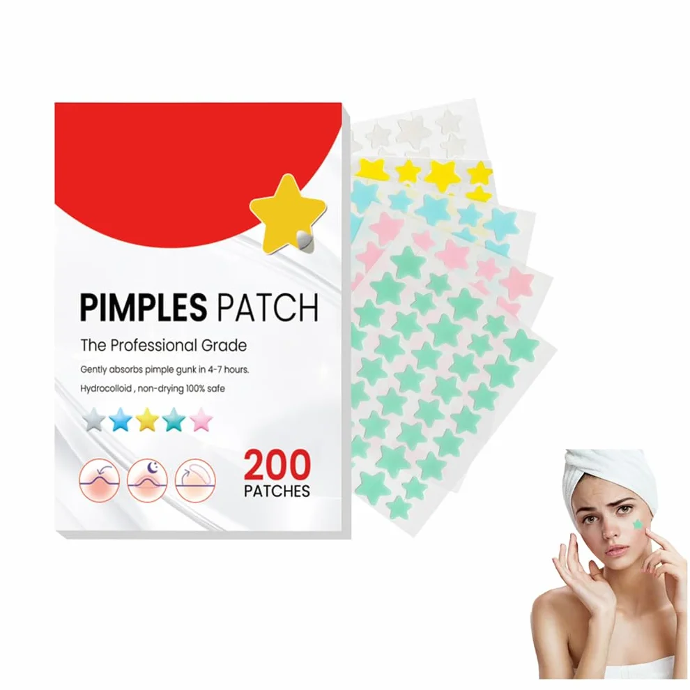 Star Pimple Patches, Hydrocolloid Spot Patches with Tea Tree Oil, 2 Sizes, 5 Colors, 200 Dots, Face Body Blemish Cover (1 Box)