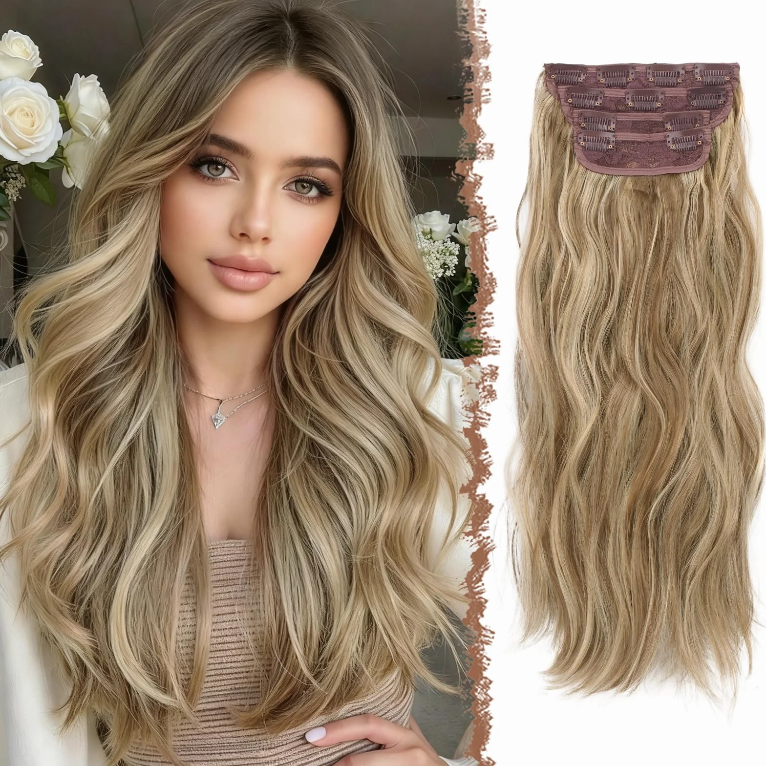 FESHFEN Extensiones de Cabello 60 cm Ondulado Rizado Natural Sintética Clip Marrón Claro Oro Mixto 4 Piezas