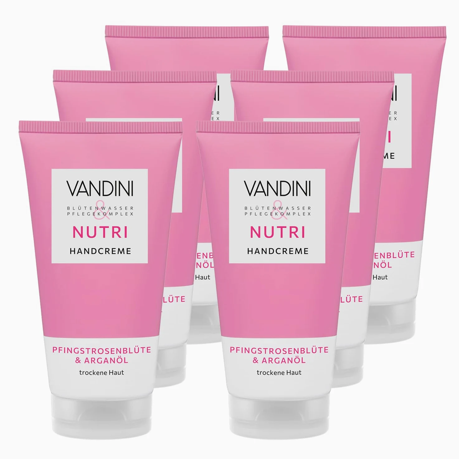 VANDINI NUTRI Crema de manos para mujer, 6 unidades, 75 ml, con flor de peonía y aceite de argán, crema de manos para piel seca, vegana, sin parabenos ni siliconas, dermatológicamente probada