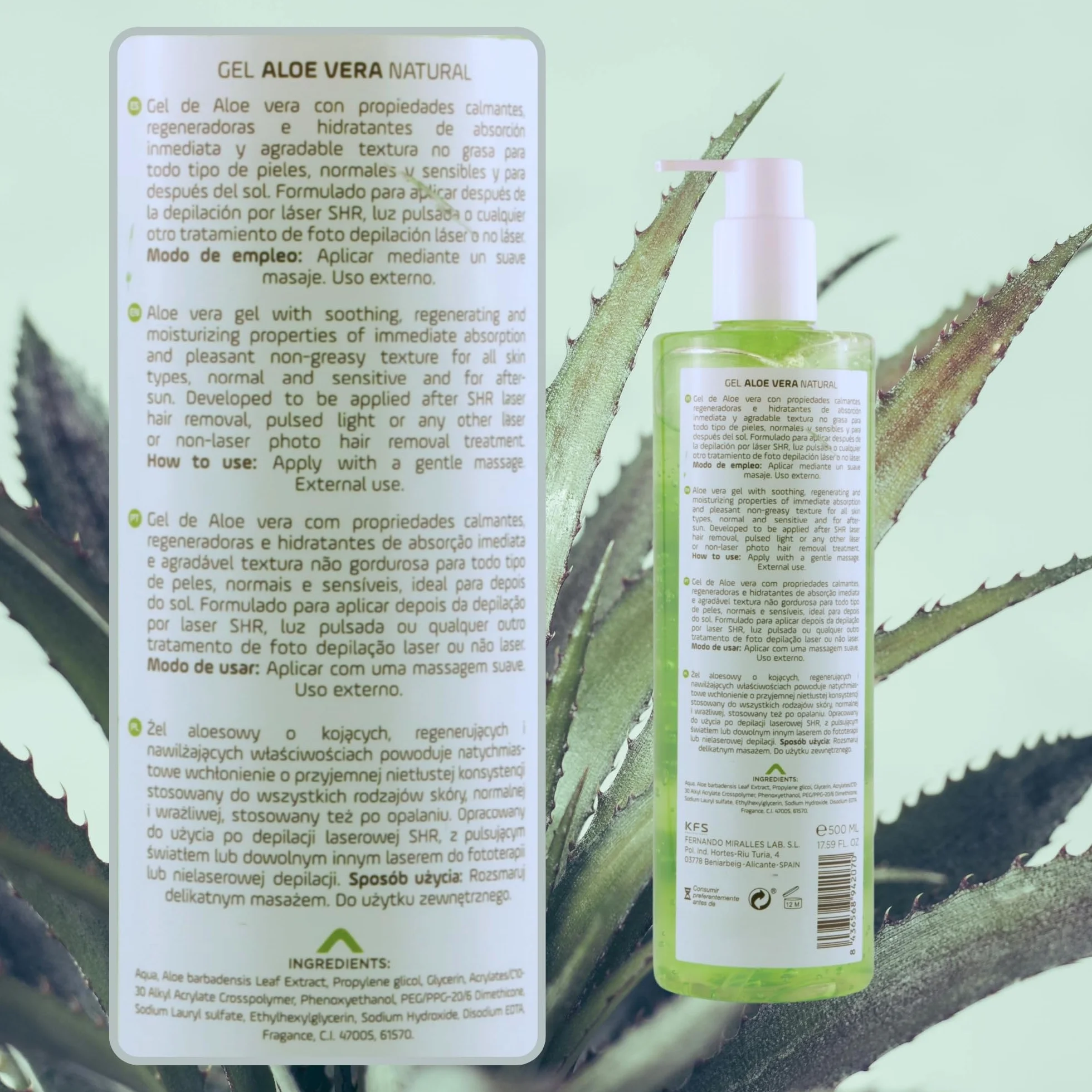 KFS Aloe Vera Puro Gel Natural 500 ml, Absorción Inmediata, No Grasa, Nutre, Hidrata, Refresca la Piel, After Sun