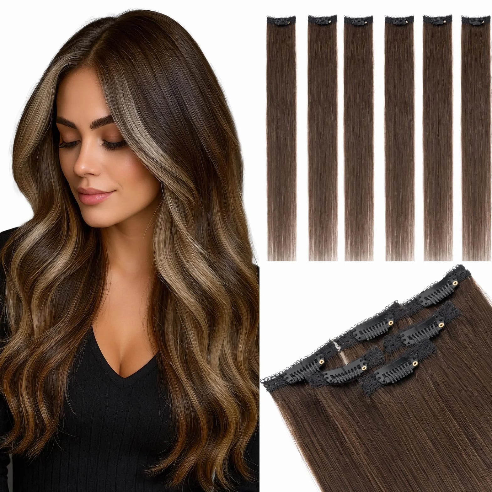 Extensiones de Pelo Natural Clip 25cm Liso Hair Extensions Human Hair #02 Marrón Oscuro 31g 6 Piezas