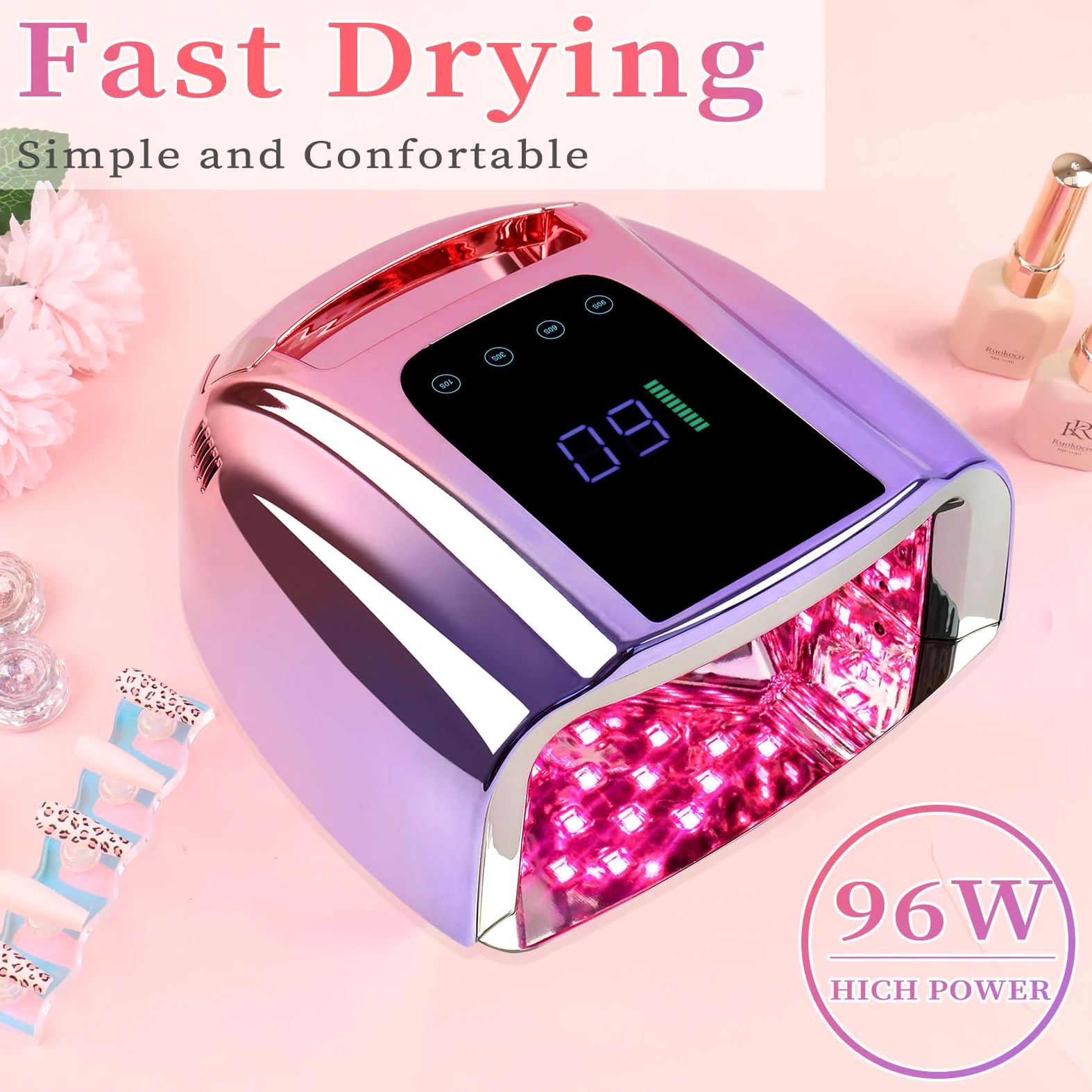 Lámpara de uñas LED UV recargable de 96 W, luz UV inalámbrica portátil para uñas con pantalla LCD, sensor automático, 4 ajustes de temporizador y secador de uñas con sensor inteligente, luz