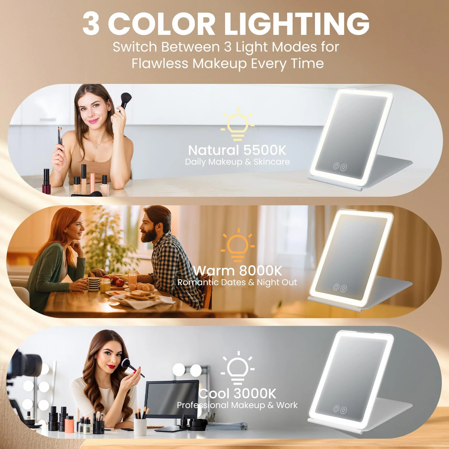 Espejo Maquillaje con Luz LED 3 Colores Brillo Ajustable 1500mAh Recargable Plegable con Memoria