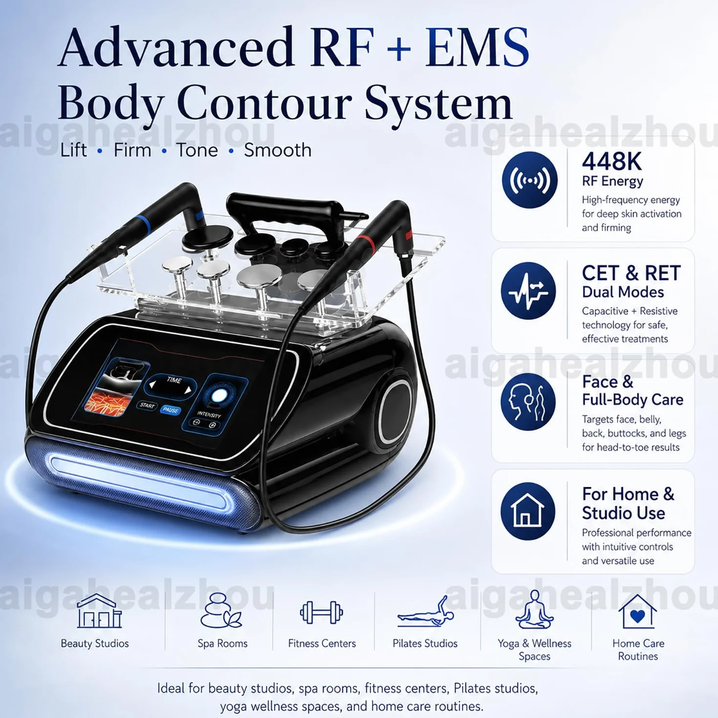 Ruijiazi Máquina Radiofrecuencia Corporal 448K EMS Profesional Viso | RF, EMS, 448K, fascia knife, 3 manípulos, 8 cabezales, placa negativa, uso hogar, spa, centro estético