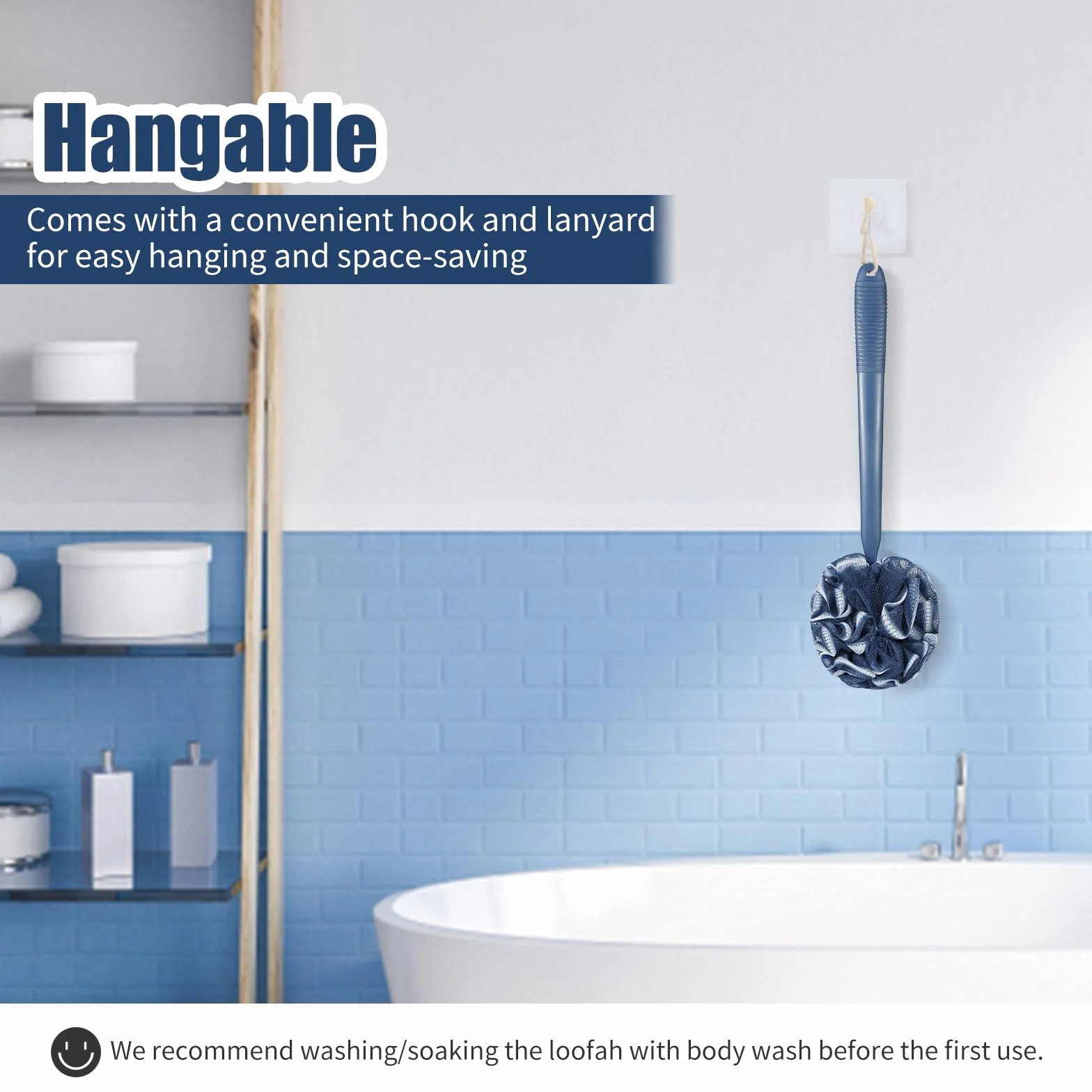 VANZAVANZU Juego de Esponjas de Lufa Exfoliante 43 cm Mango Antideslizante de Plástico Esponja Esponjosa de Malla Suave PE para Ducha Azul oscuro