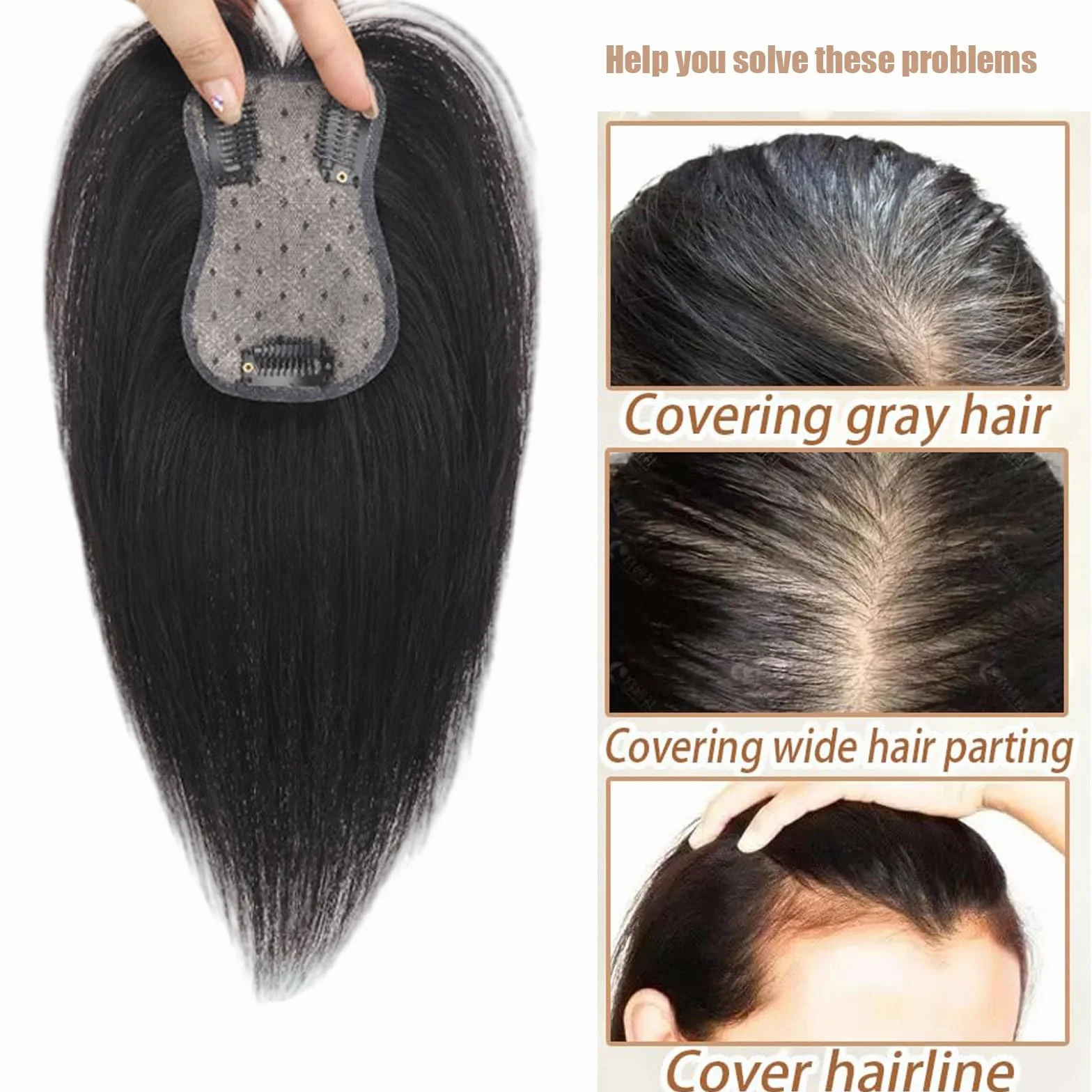 Toppers De Cabello for Mujeres Tupé De Cabello Humano Real Base Atada A Mano De 3" X 4" Postizos for El Cabello Con Clip Pelucas Liso Extensiones De Cabello Con Cobertura 3D De 360°(Brown,32cm)