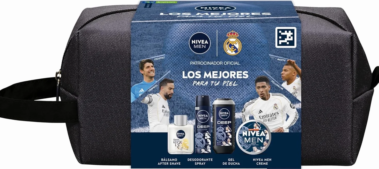 NIVEA MEN Pack Real Madrid Edición Limitada - Sensitive Aftershave 100 ml, Desodorante Spray Deep 150 ml, Gel de Ducha Deep 250 ml, NIVEA Creme 150 ml