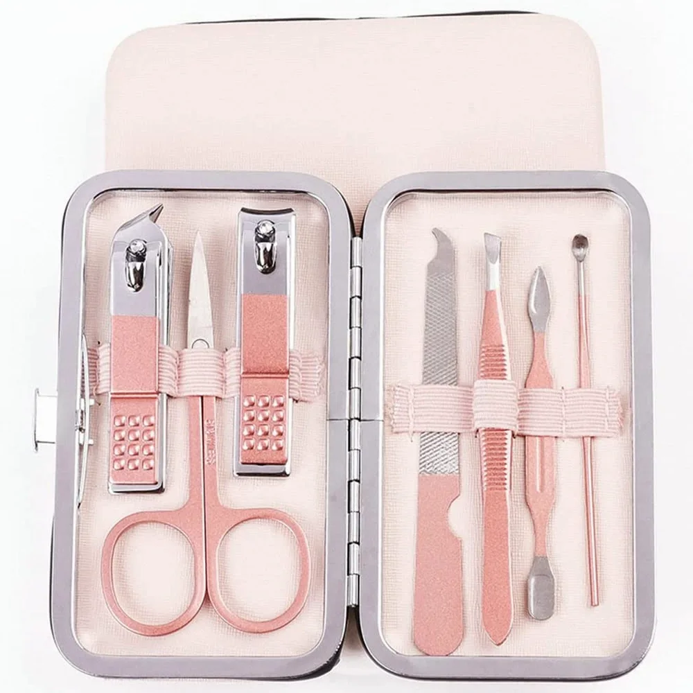 Juego de cortaúñas, herramientas de manicura profesional, kit de arte de uñas de acero inoxidable con estuche de viaje, 7 piezas