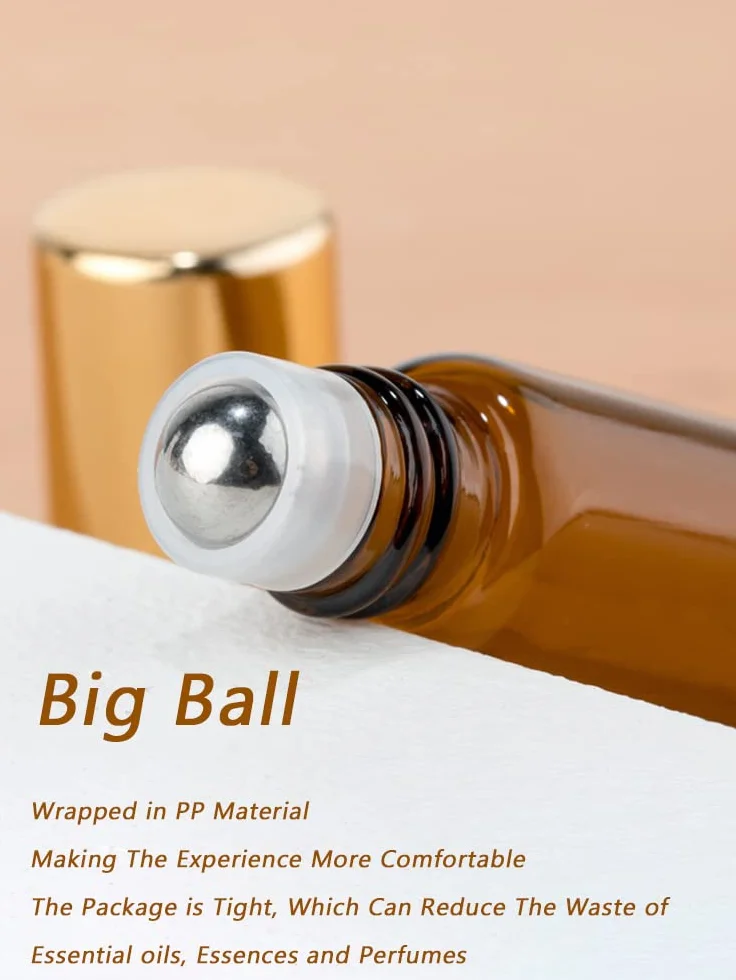 Botellas de vidrio ámbar 5ml con bola de acero inoxidable, Roll-on aceite esencial recargable