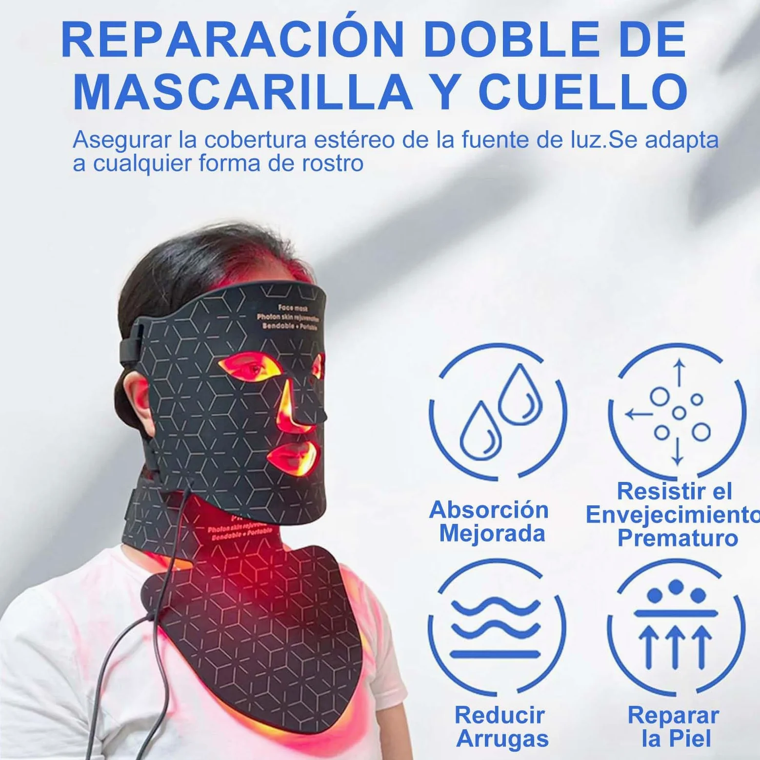 Máscara facial de rejuvenecimiento de fotones para fototerapia, instrumento infrarrojo cercano, espectro LED, máscara facial para el cuello, belleza, hogar, conveniente, suaviza las arrugas finas,