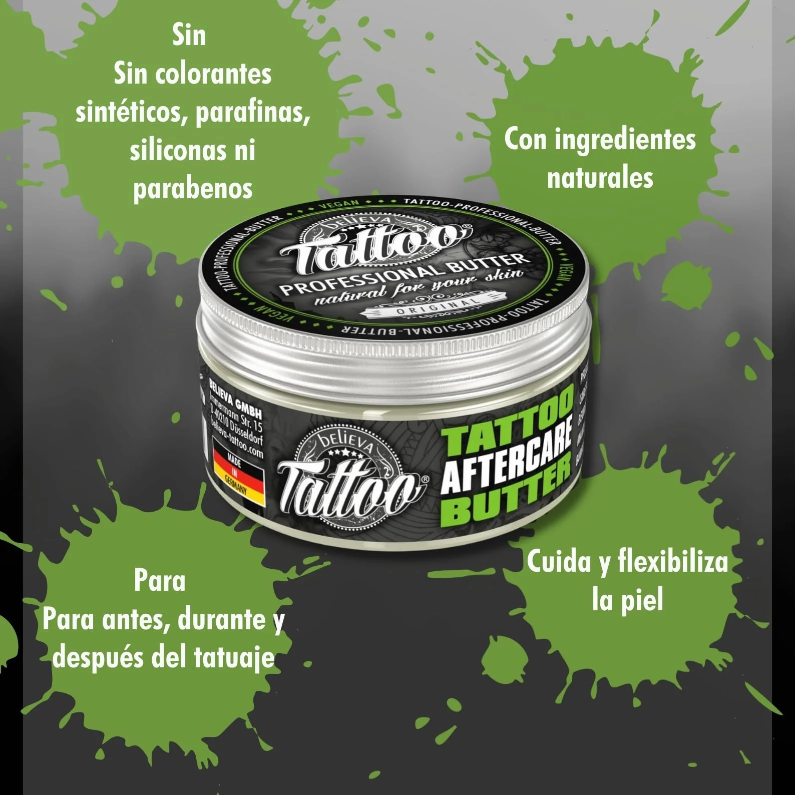 Believa Tattoo Butter – Cuidado premium para tatuajes con fórmula vegana e ingredientes naturales para colores de tatuaje vibrantes – Cuidado diario y aftercare para piel tatuada | 100 ml