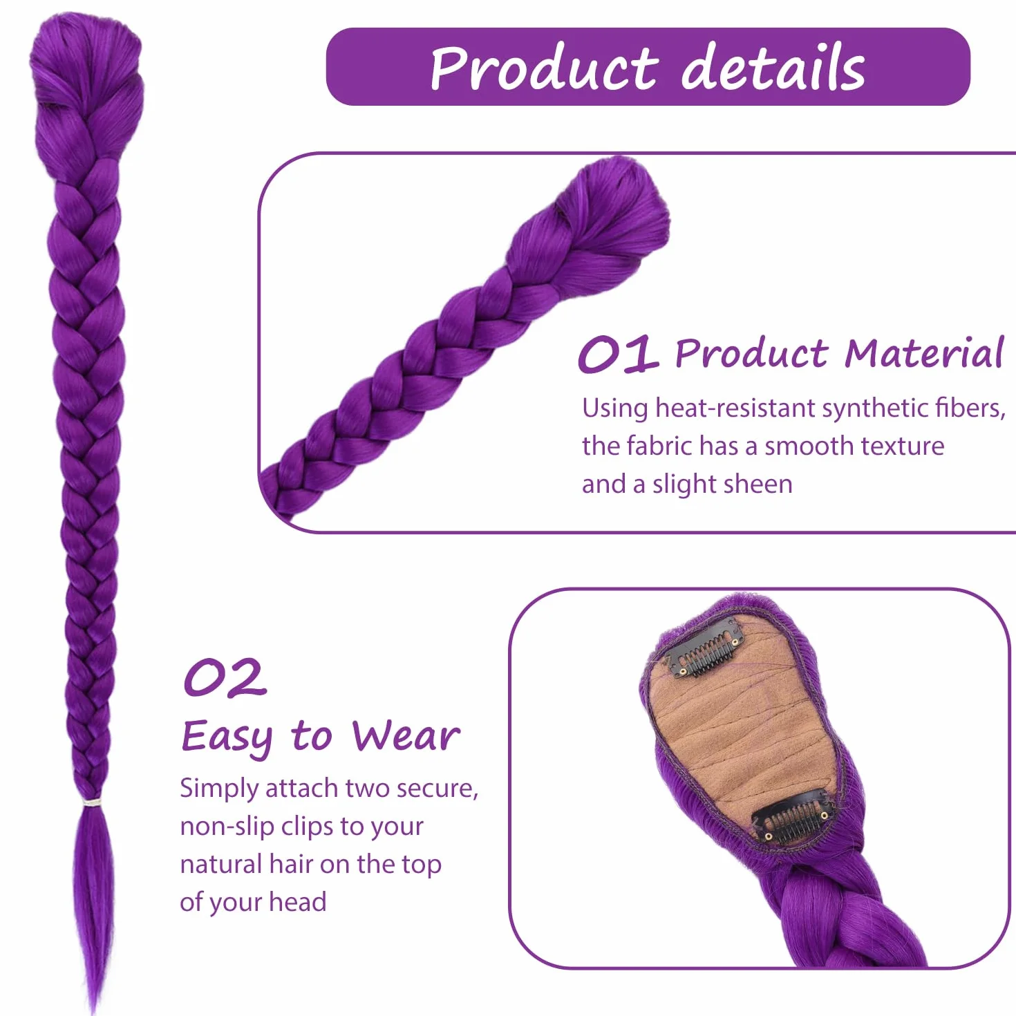 Trenzado Extensiones de Cola de Caballo 26 Pulgadas Fibra Sintética Purpura para Cosplay Halloween